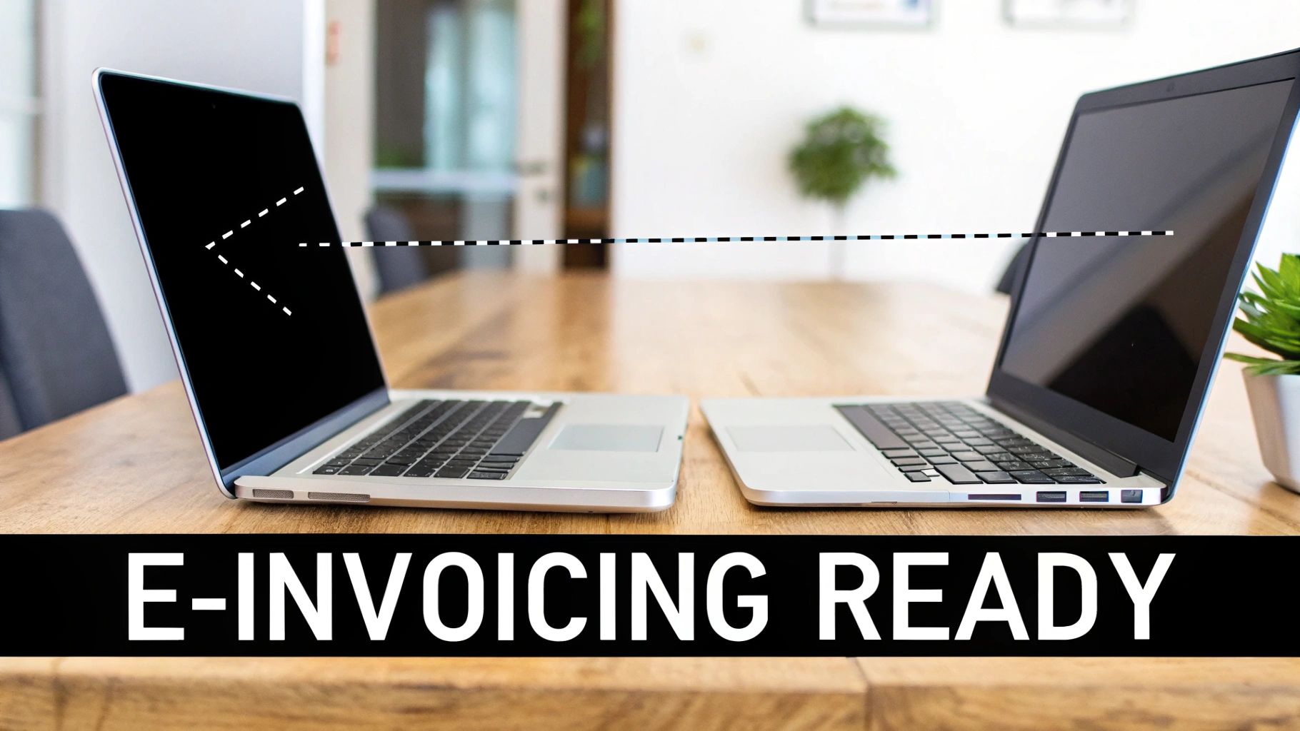 An illustration showing a digital invoice moving securely between two computer systems, representing the e-invoicing process.