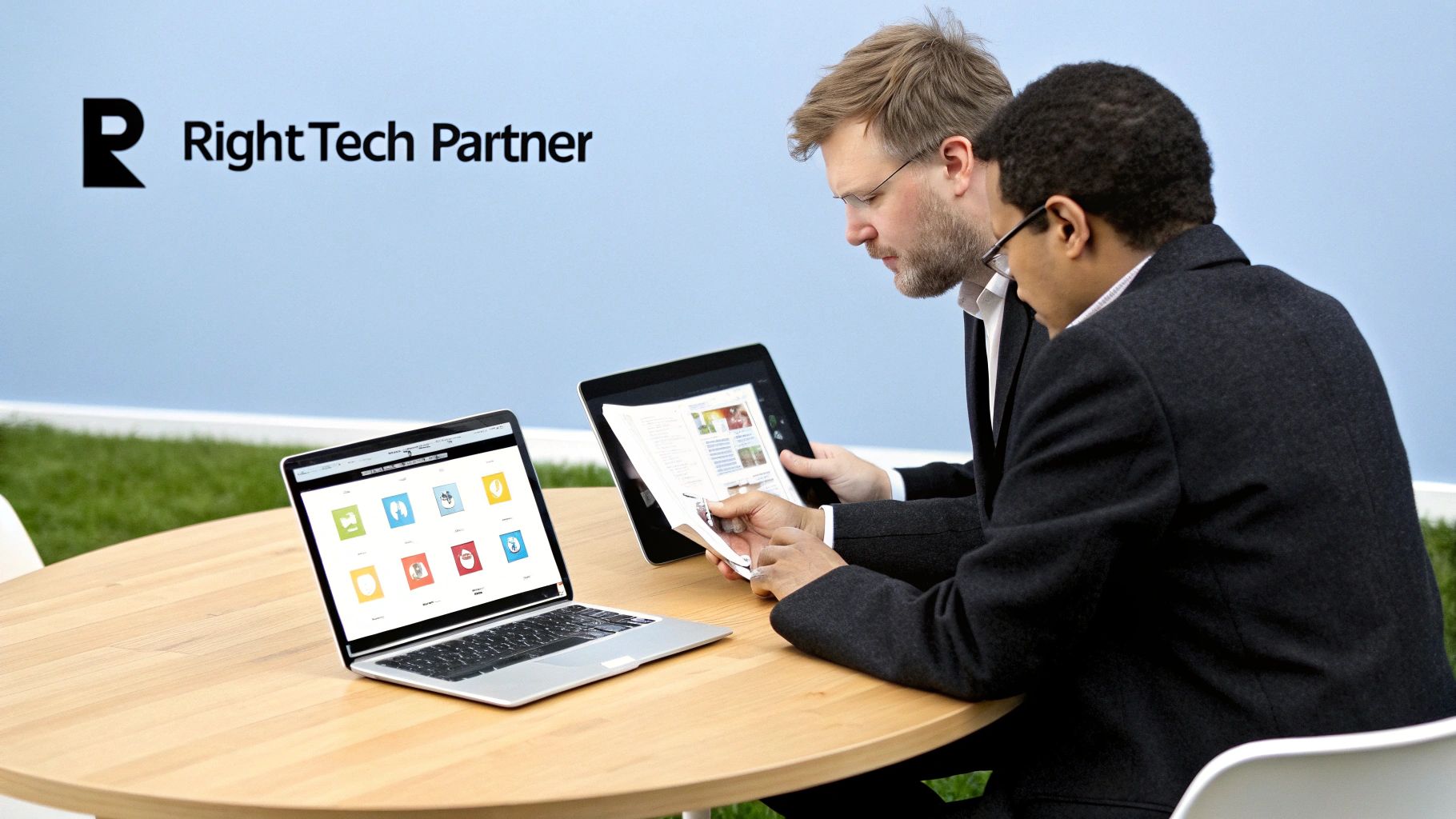 Two professionals review custom business applications on a laptop and tablet outdoors.
