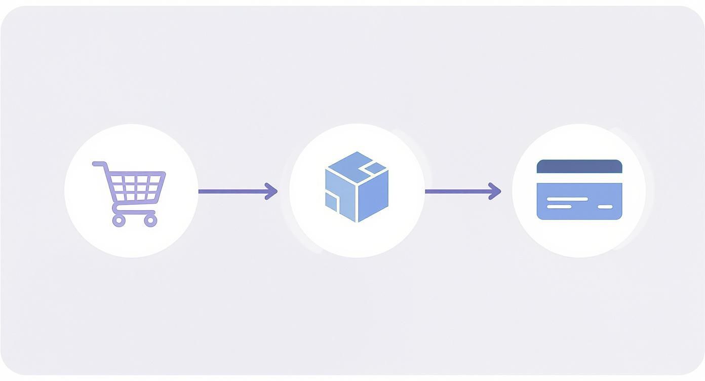Infographic showing the process flow of an Odoo integration, starting with an e-commerce shopping cart, connecting to the Odoo logo, and ending with a payment icon.