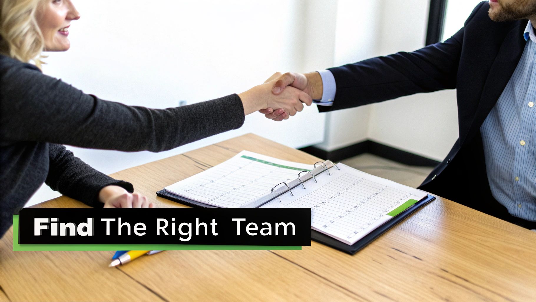 An image showing a team collaborating around a table with laptops and documents, representing the process of finding the right web development partner.
