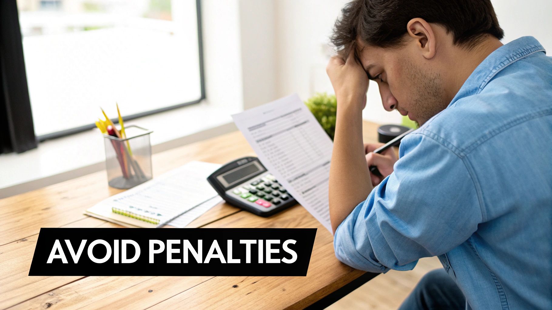 Stressed man at a desk with a calculator and papers, thinking about financial penalties.