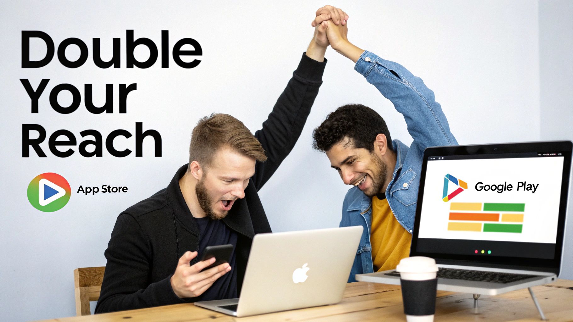 Two excited men celebrate reaching more users with their app on App Store and Google Play.