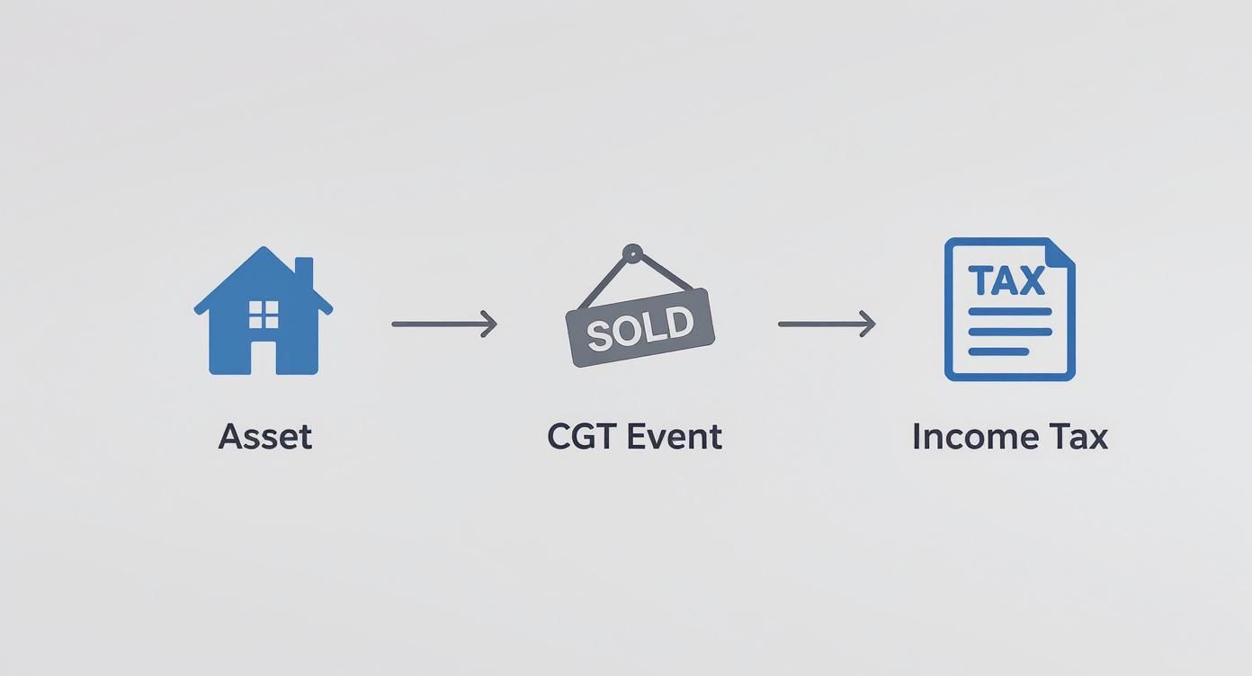 Flowchart illustrating an asset, its sale as a CGT event, and the resulting income tax.