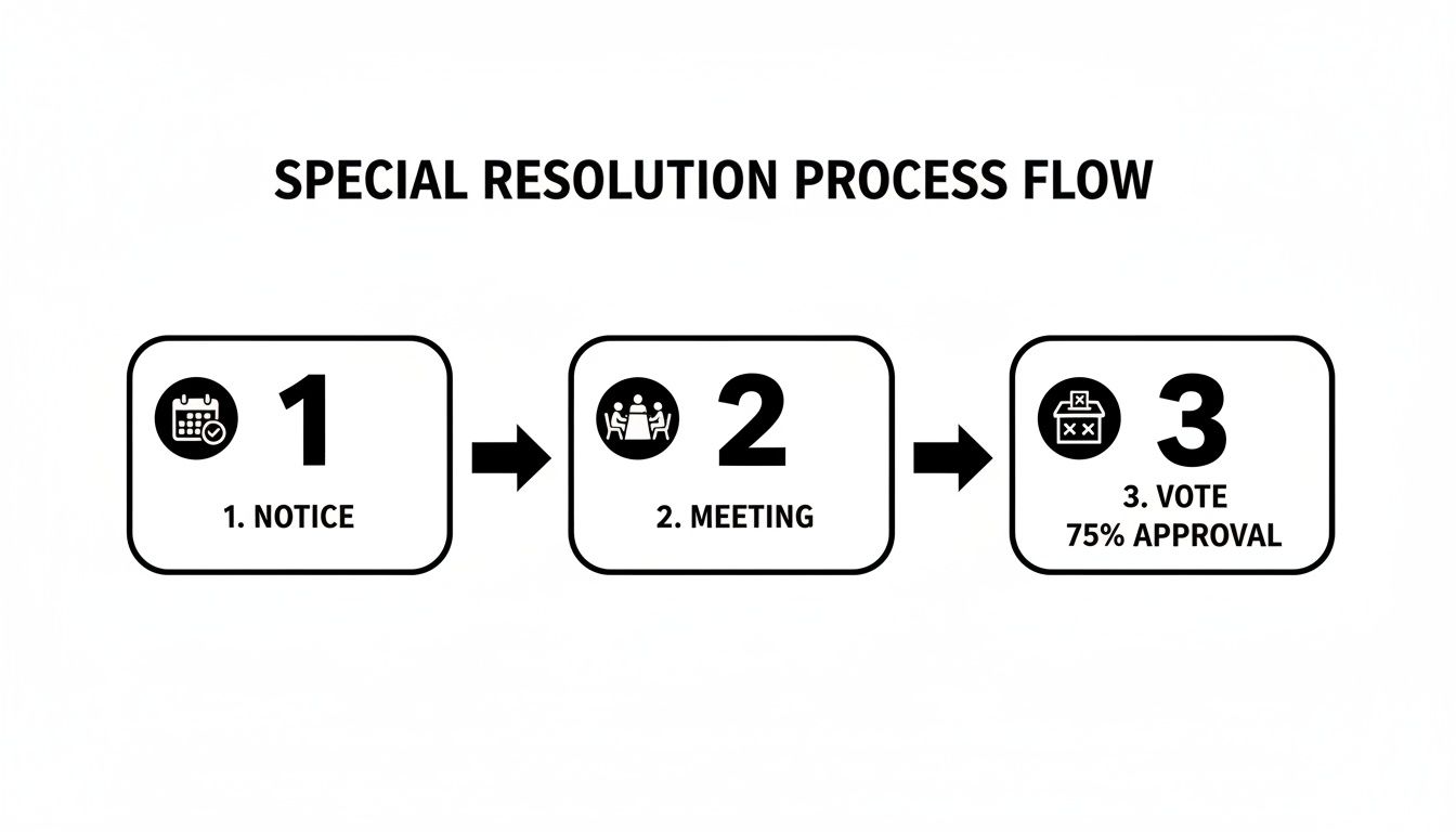 Flowchart illustrating a special resolution process with three key steps: notice, meeting, and vote requiring 75% approval.