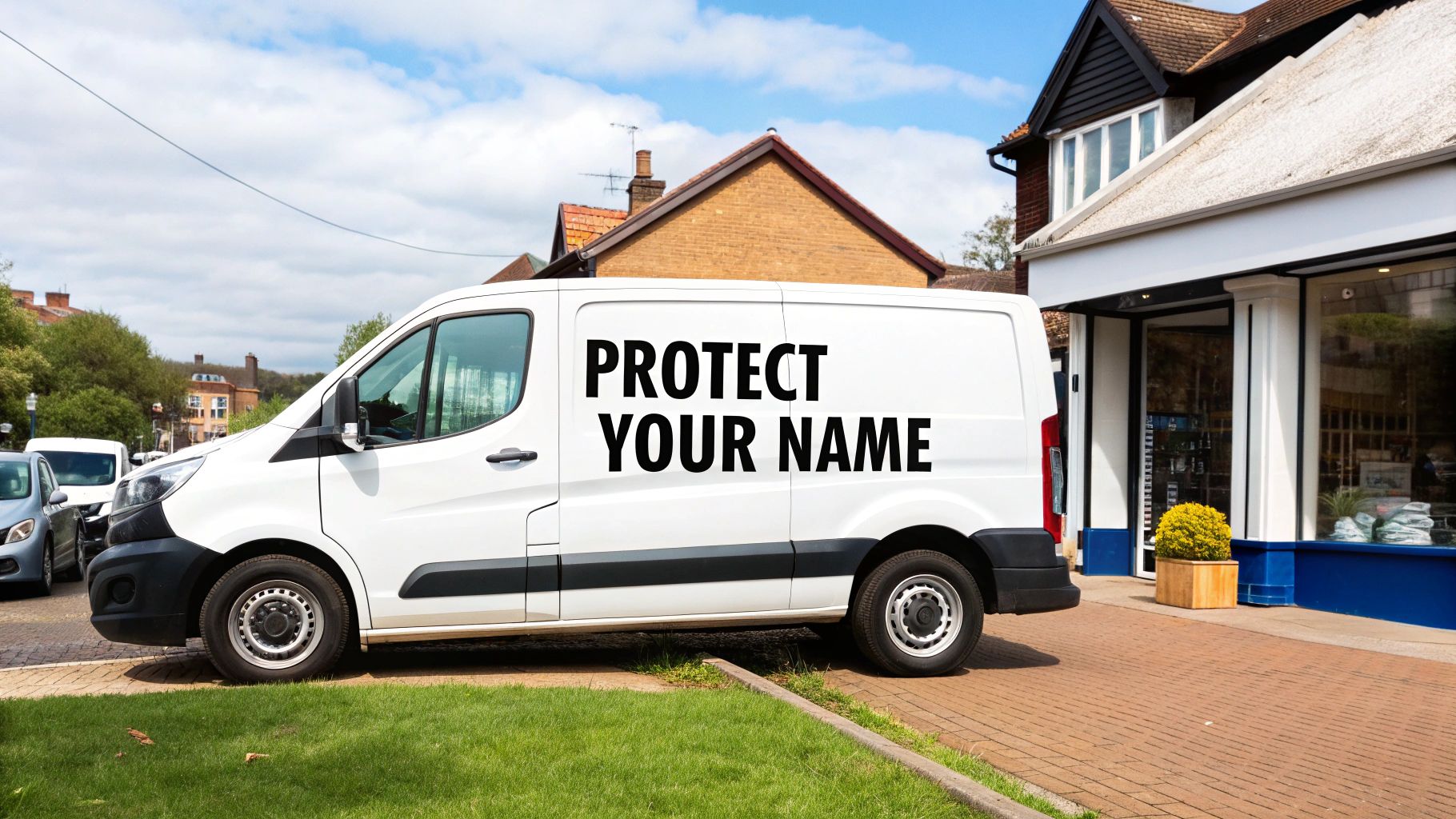 White delivery van with 'PROTECT YOUR NAME' text, parked beside a shop on a sunny day.