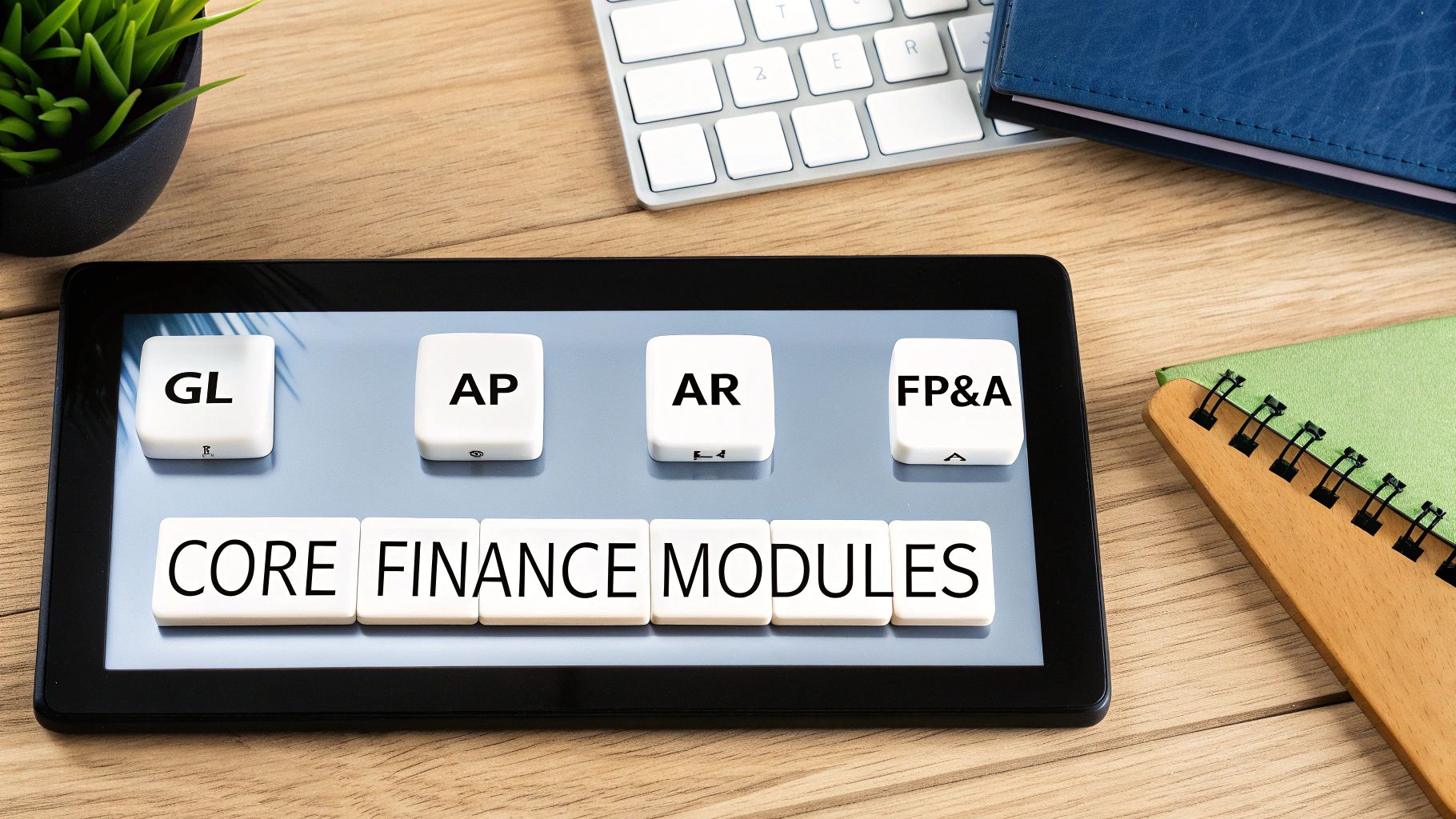 An infographic-style image showing interconnected icons representing different ERP finance modules like GL, AP, AR, and FP&A.