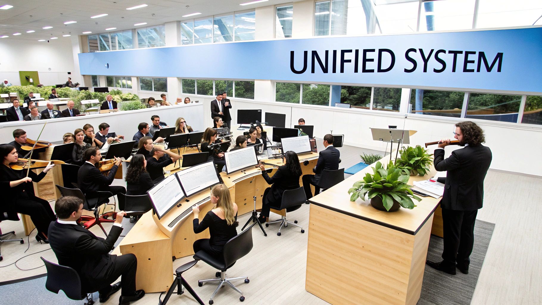 Musicians in a modern office, playing instruments while others work at computers beneath a 'UNIFIED SYSTEM' banner.