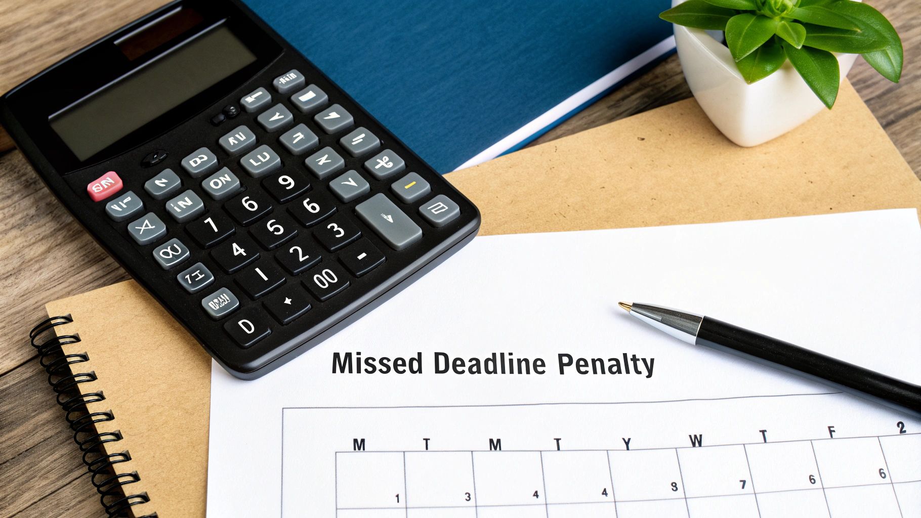 A person looking stressed while reviewing financial documents and a calendar with a past due date circled.