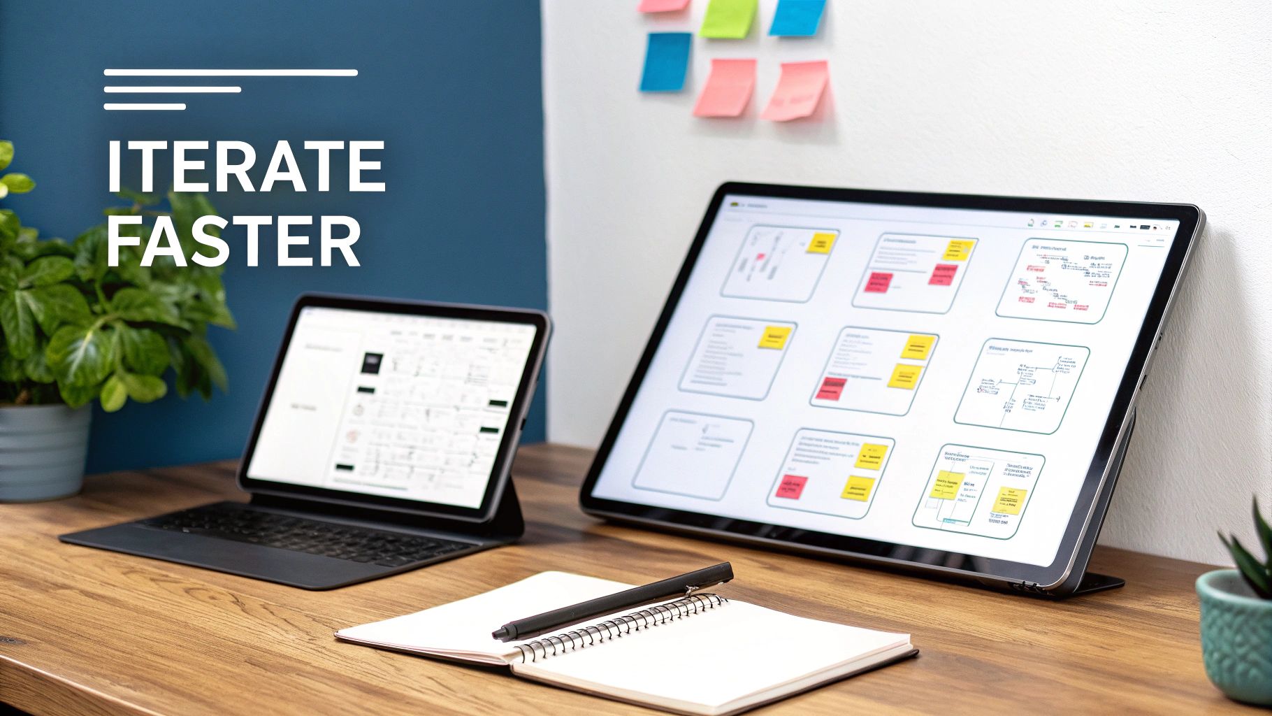 Two tablets displaying agile project management workflow with colorful sticky notes on office desk