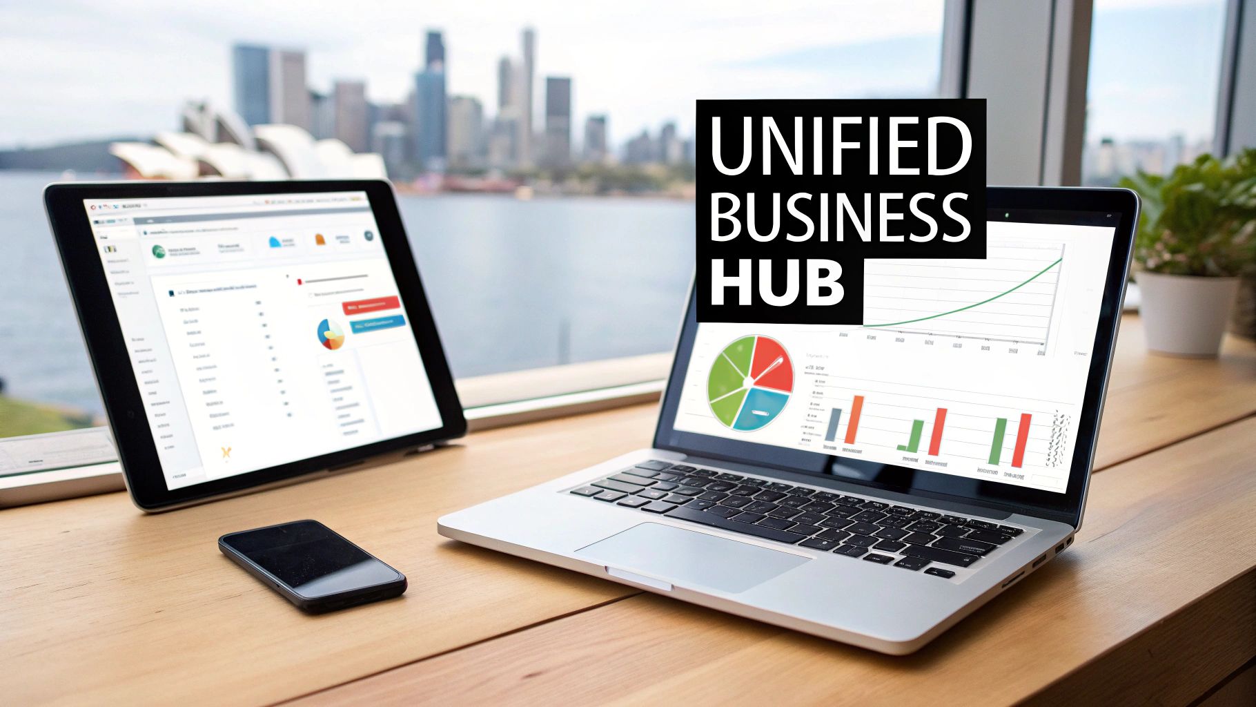 Business intelligence dashboards on a laptop and tablet, overlooking a city skyline by the water.