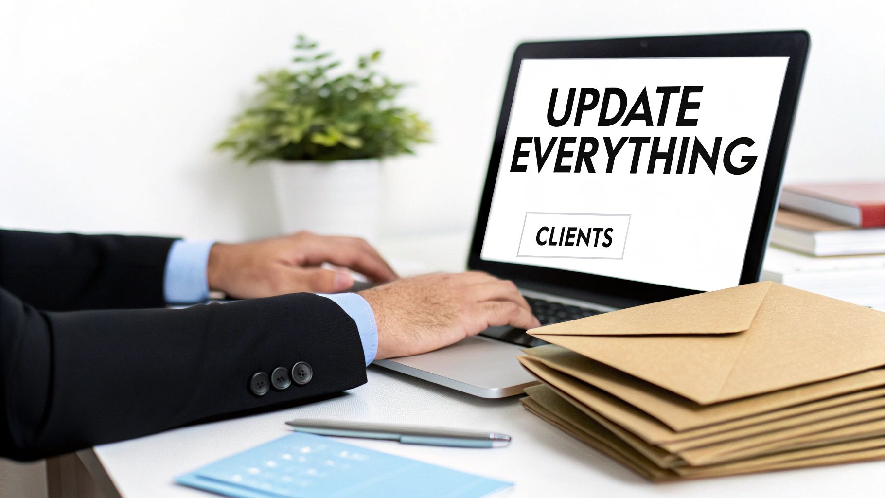A person in a suit types on a laptop displaying 'UPDATE EVERYTHING CLIENTS' in an office setting.