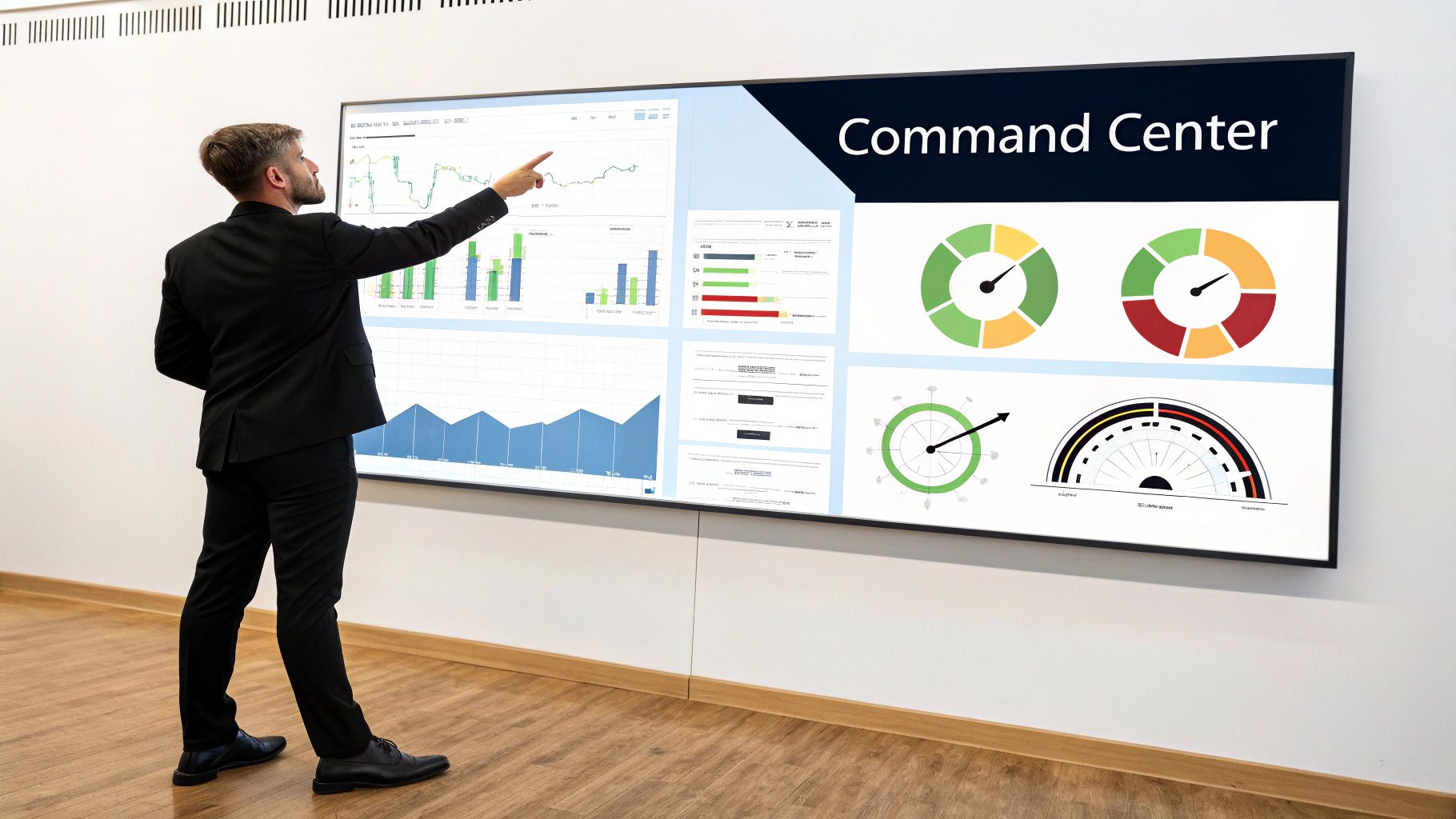 A businessman pointing at a large "Command Center" screen with various data dashboards.