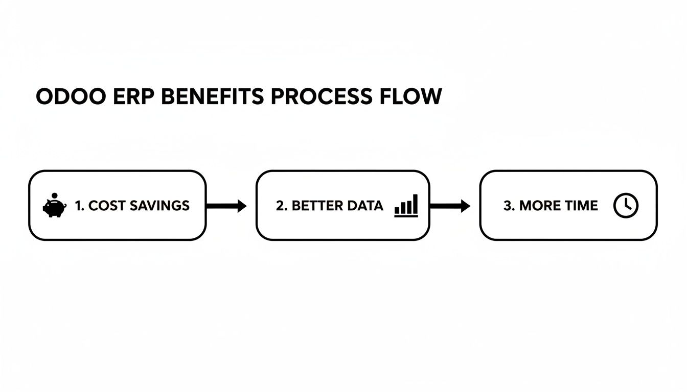 Flowchart illustrating Odoo ERP benefits: Cost Savings, Better Data, and More Time.
