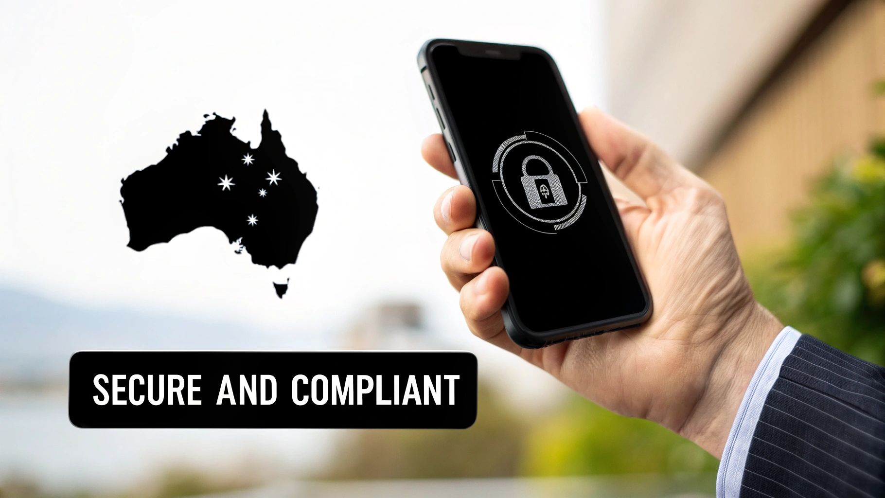A digital padlock icon over a map of Australia, symbolising security and compliance
