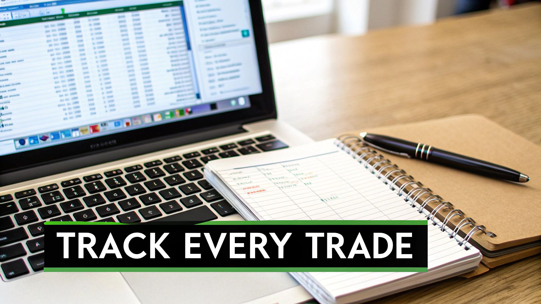 A laptop displaying a spreadsheet next to a notebook and pen on a wooden desk, with text 'TRACK EVERY TRADE'.