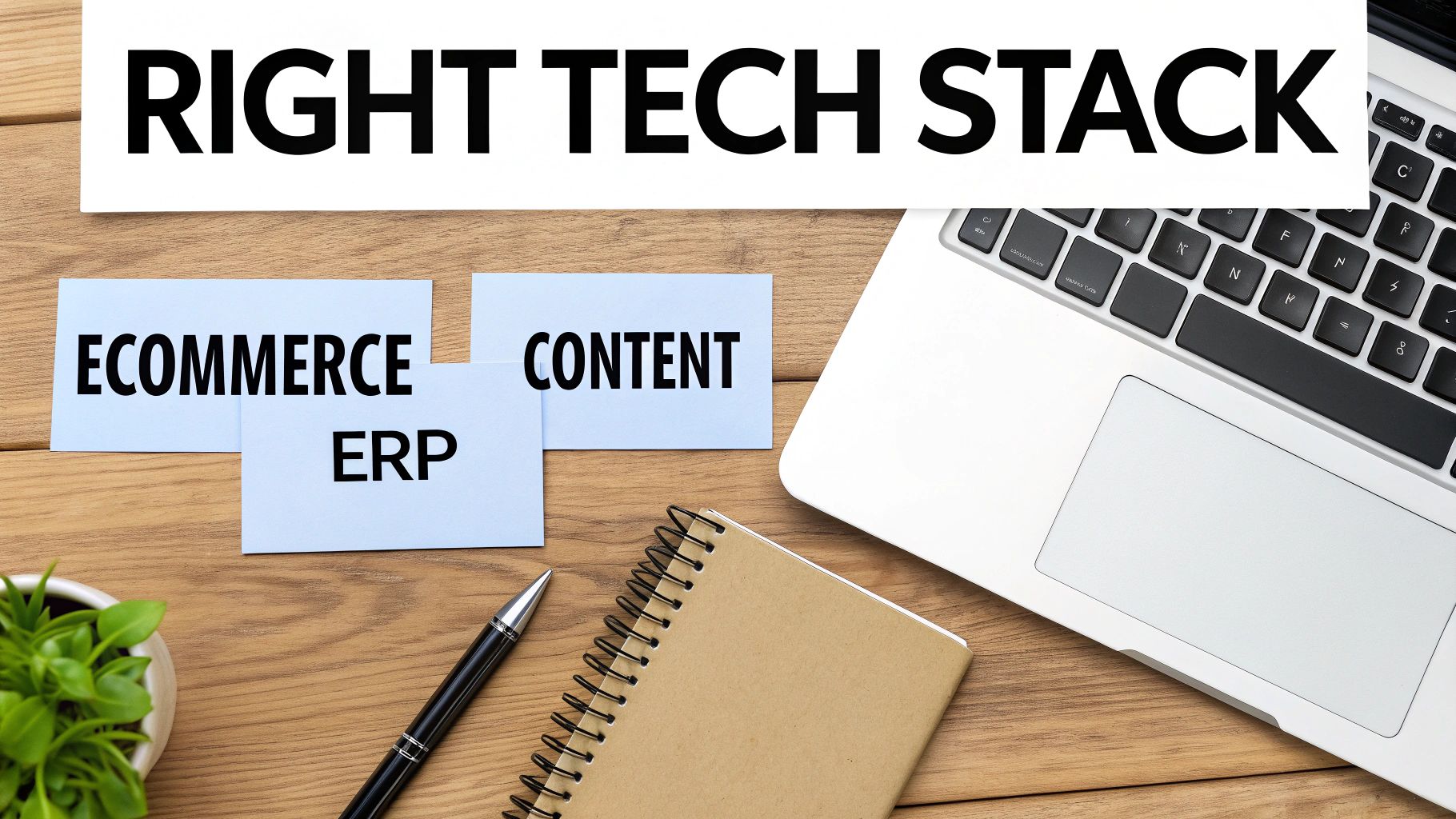 Desk setup displaying 'Right Tech Stack' banner with notes for Ecommerce, ERP, and Content.