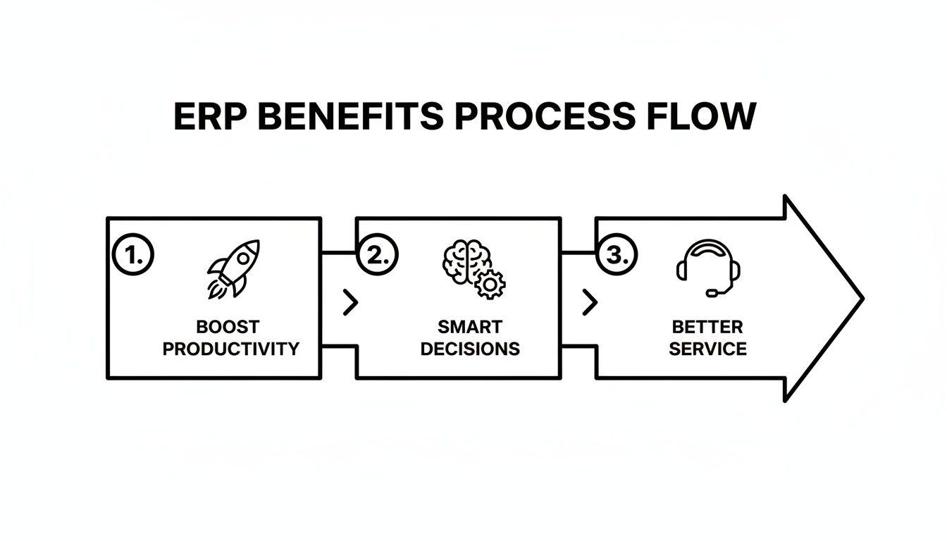 A diagram illustrates the ERP benefits process flow, showing increased productivity, smart decisions, and better service.