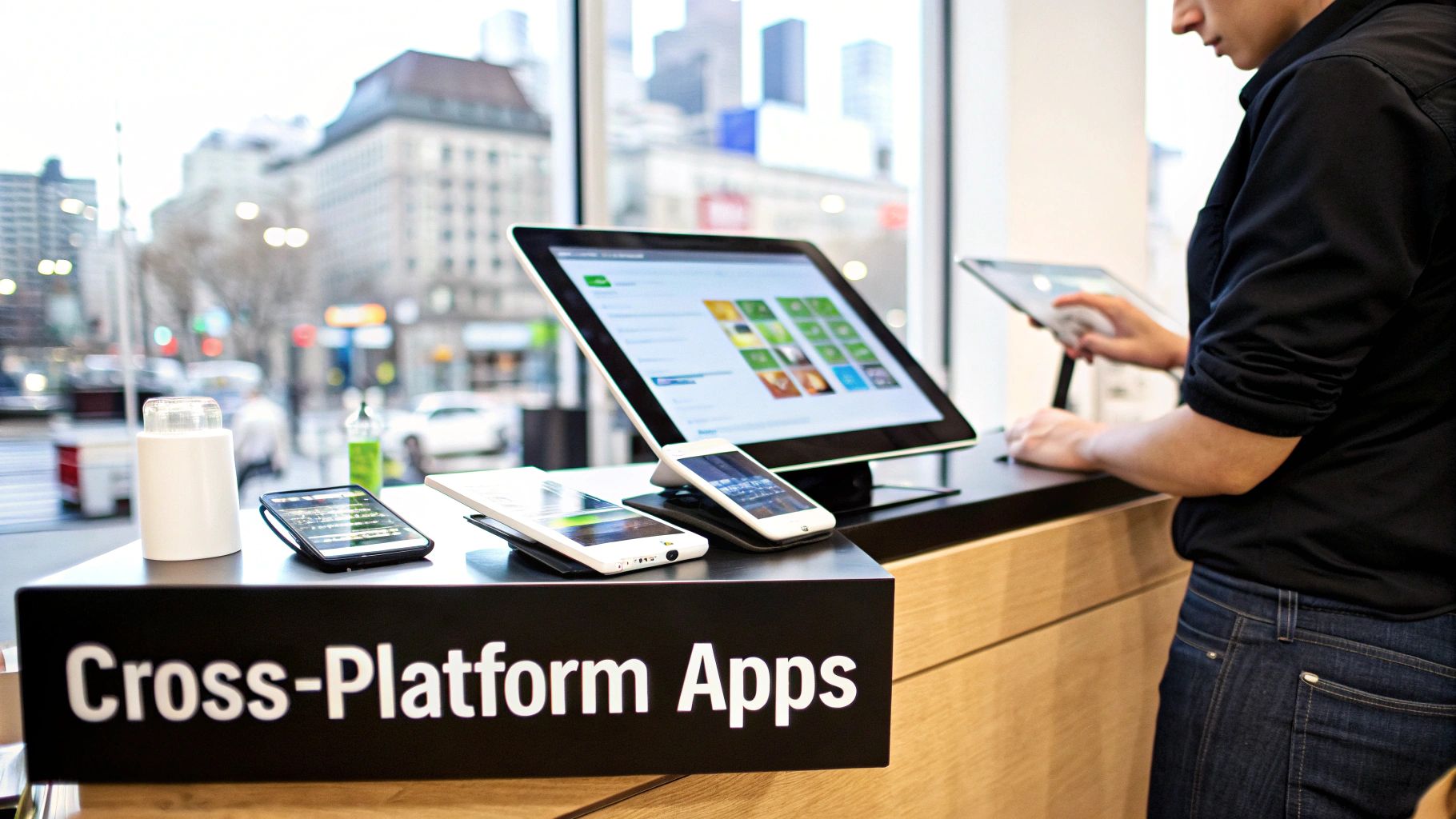 A tech store display showing various digital devices with cross-platform apps, and a person interacting with a tablet.