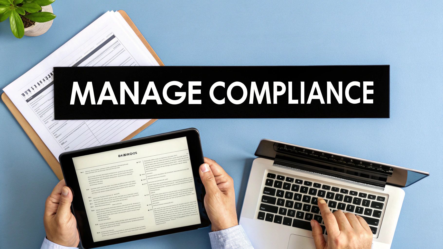 Top-down view of a person using a laptop and tablet, with a 'MANAGE COMPLIANCE' banner.