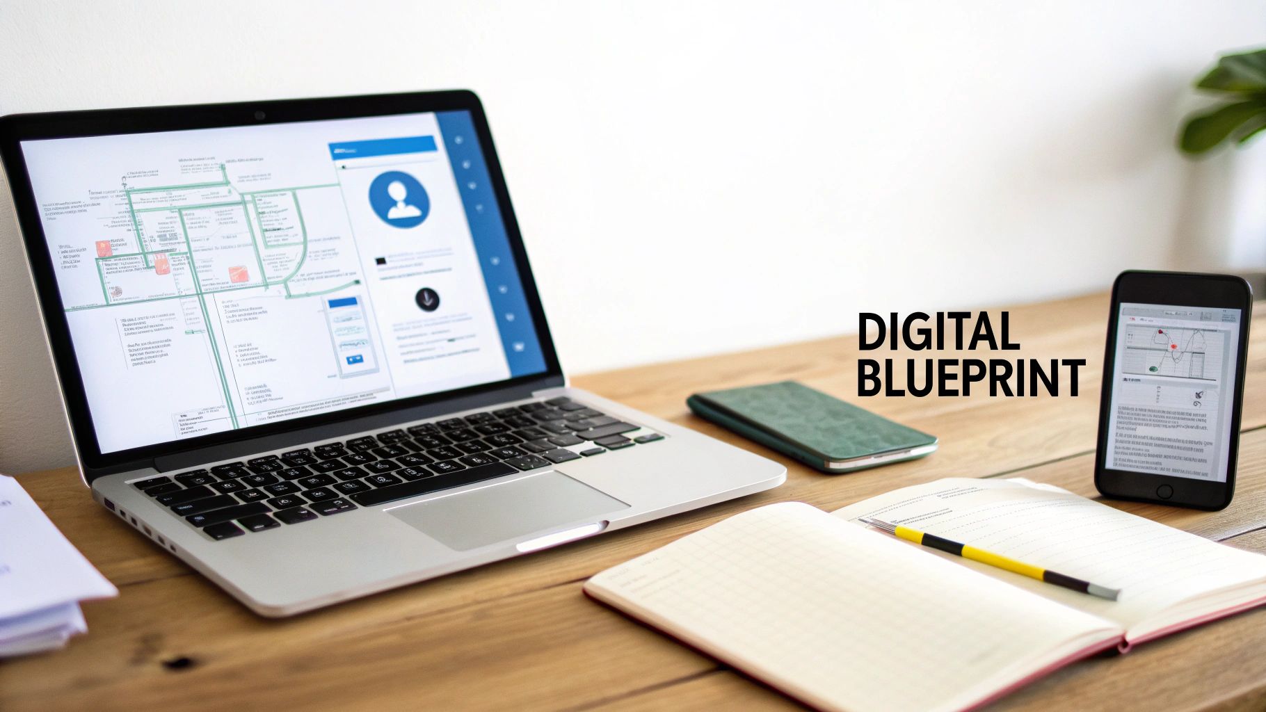 Laptop displaying digital blueprint wireframes on desk with smartphone showing map and notebook