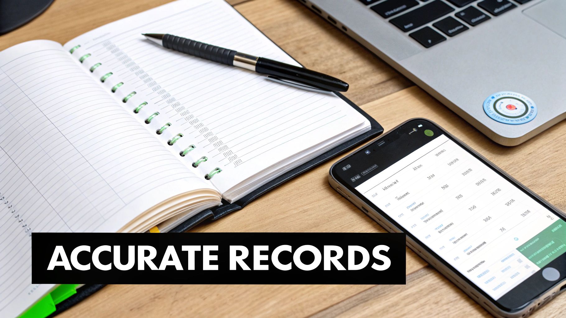 A desk setup with a notebook, pen, laptop, and smartphone displaying data, emphasizing accurate records.