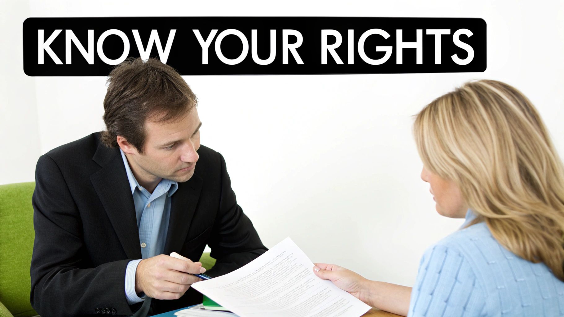 Professional advisor explaining legal rights document to client during consultation meeting