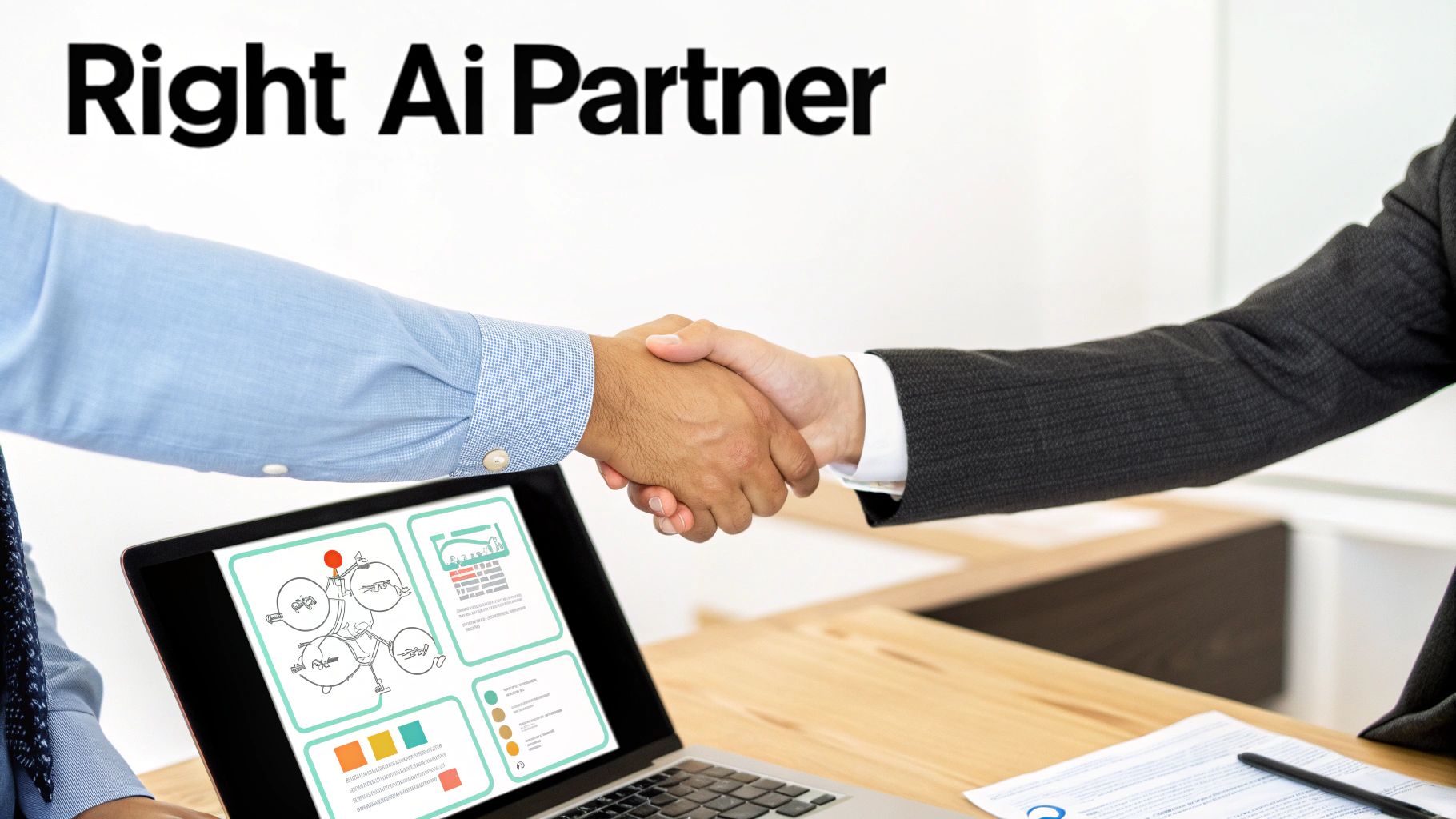 Two business people shake hands over a laptop screen, signifying an AI partnership.