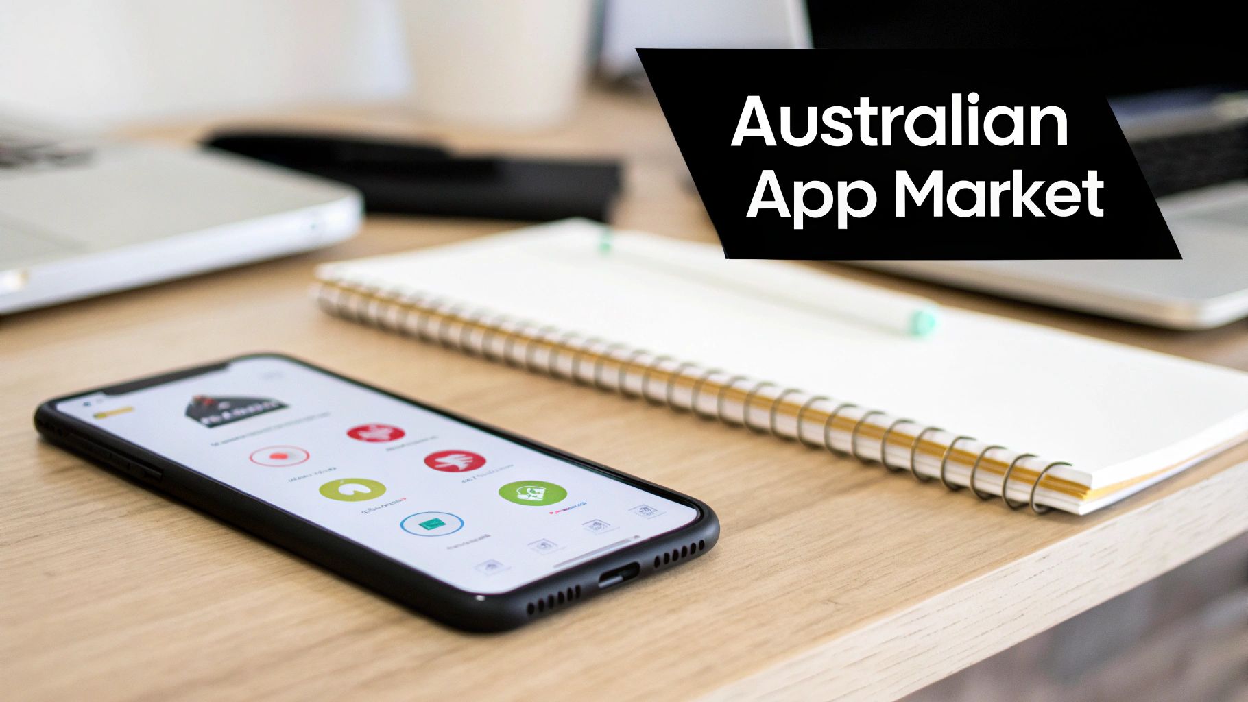 A smartphone displaying app icons on a wooden desk with a notebook and a laptop, highlighting the Australian App Market.