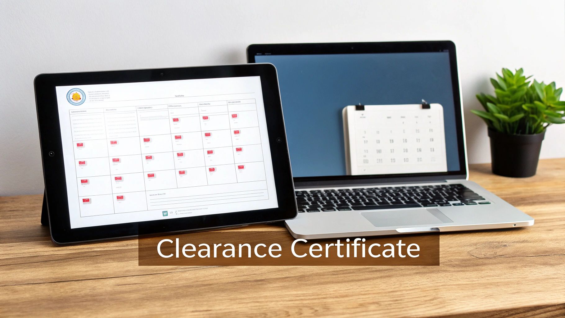 A tablet showing a 'Clearance Certificate' form with red icons next to a laptop displaying a calendar on a wooden desk.
