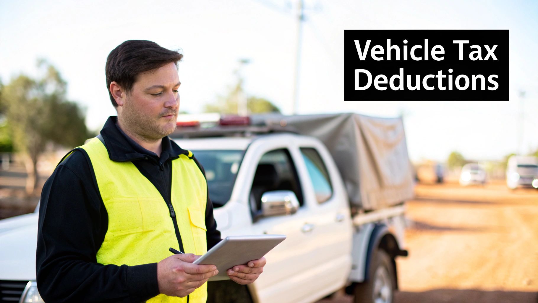A man in a yellow safety vest holds a tablet near a truck, illustrating vehicle tax deductions.