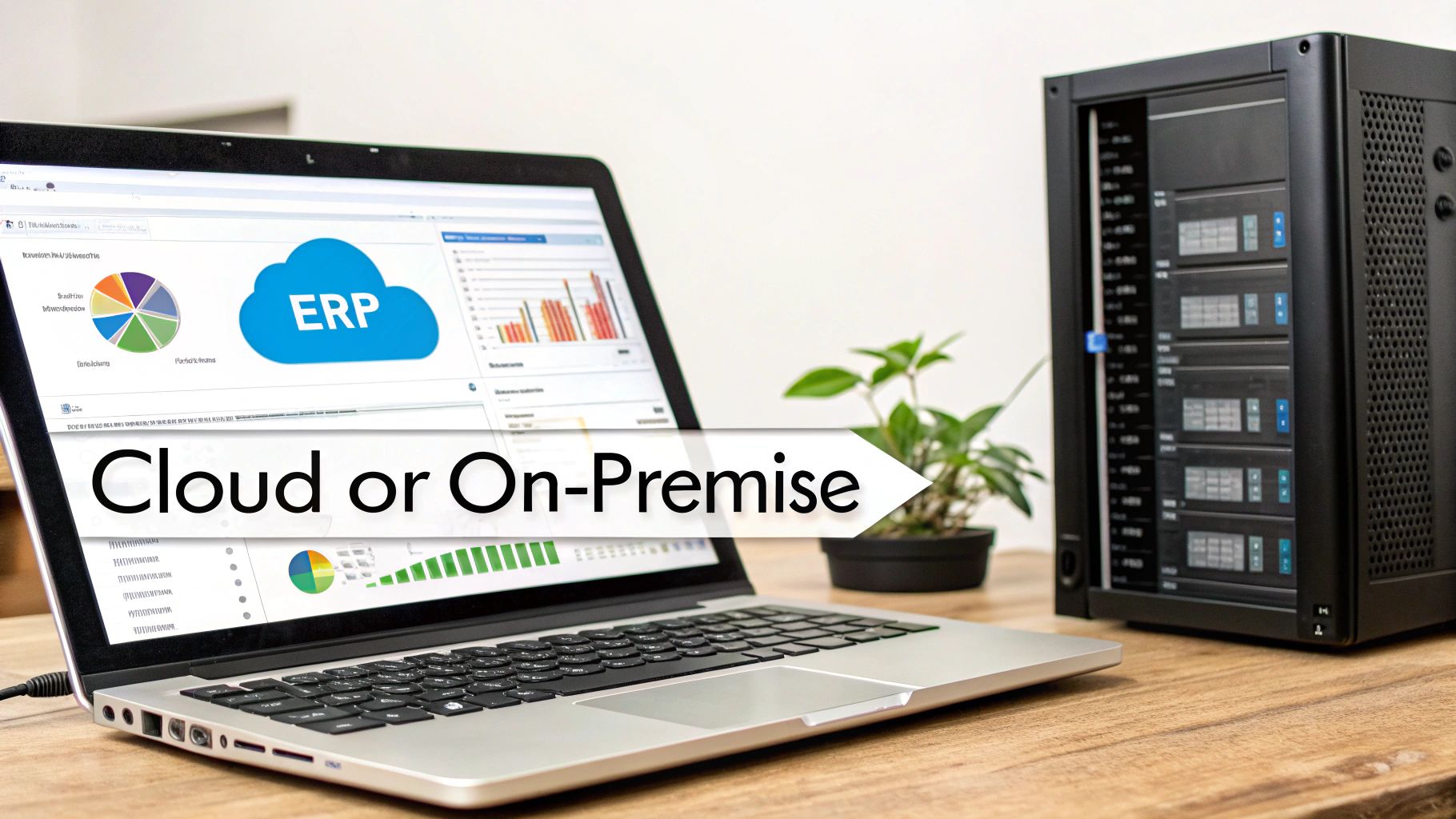 Laptop displaying ERP software, a server rack, illustrating cloud versus on-premise solutions.