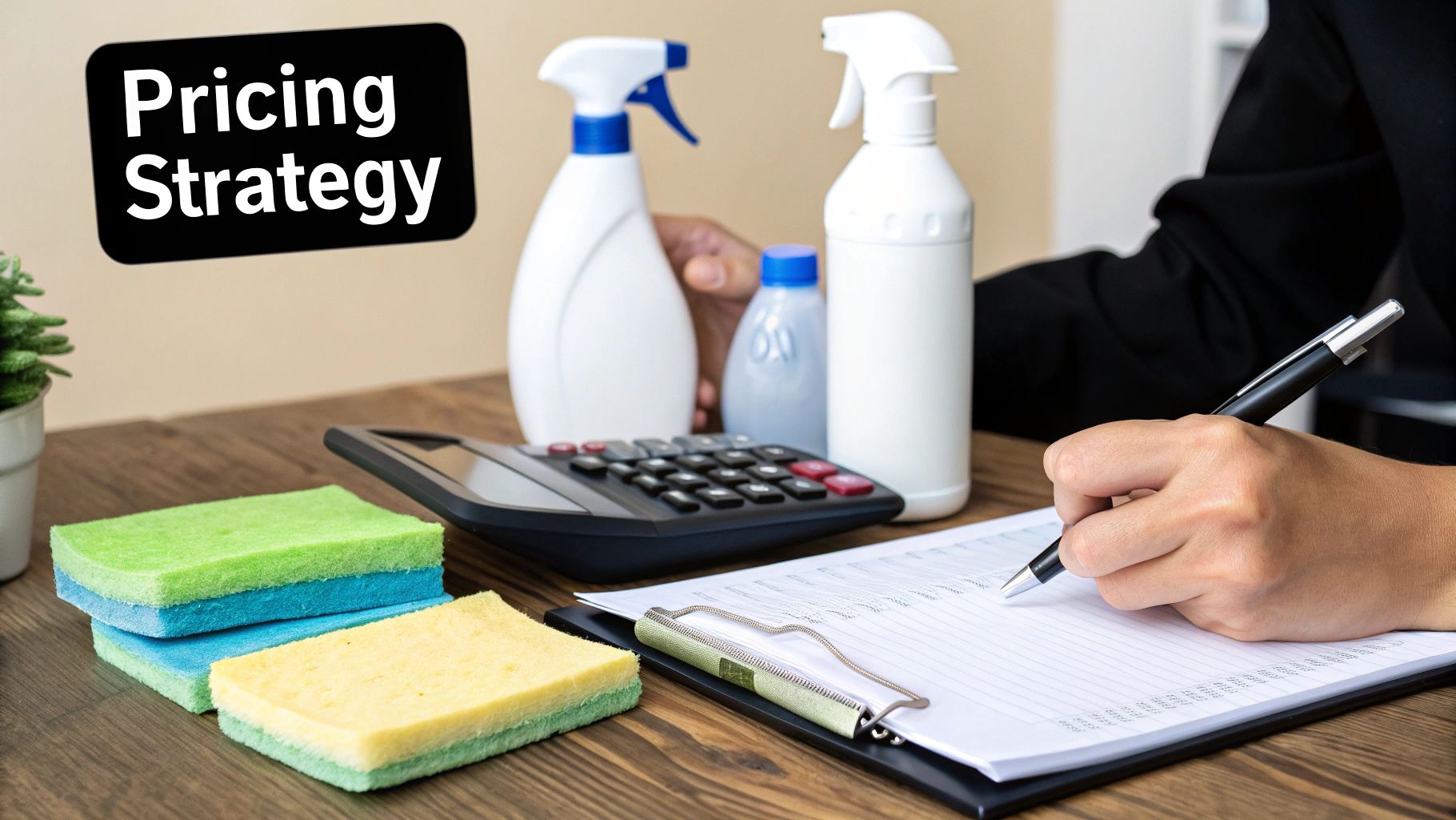 A person is designing a marketing flyer on a laptop, with cleaning supplies and a Google Business Profile page visible in the background.