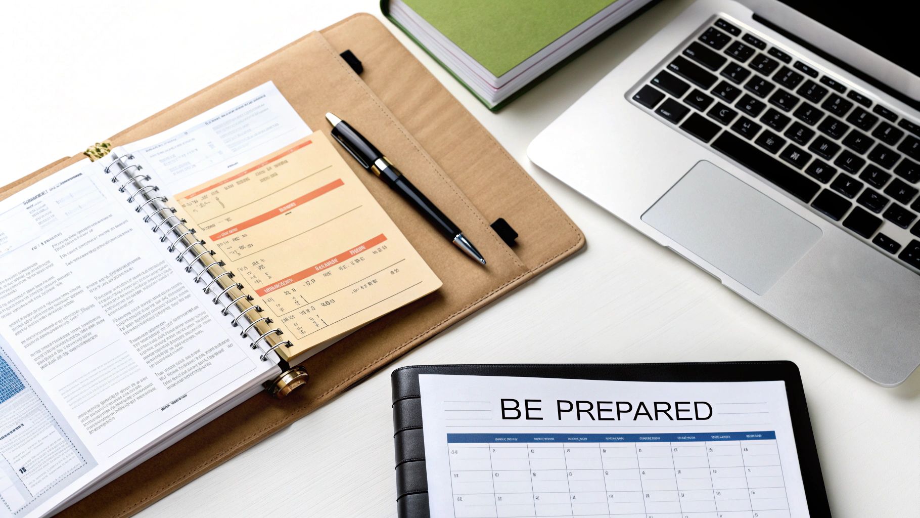 Organized workspace with laptop, planner, calendar showing be prepared message, and financial documents for tax audit preparation