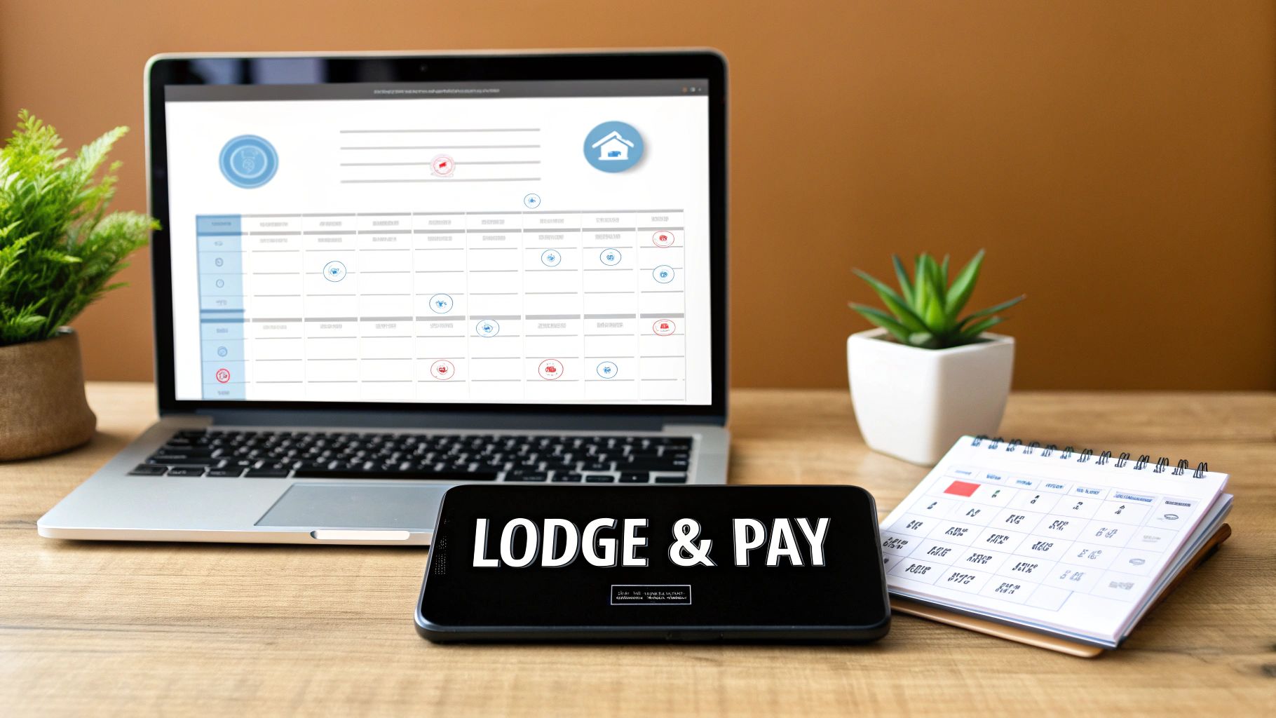 Laptop showing online calendar, smartphone with 'LODGE & PAY', and a physical calendar on a wooden desk.