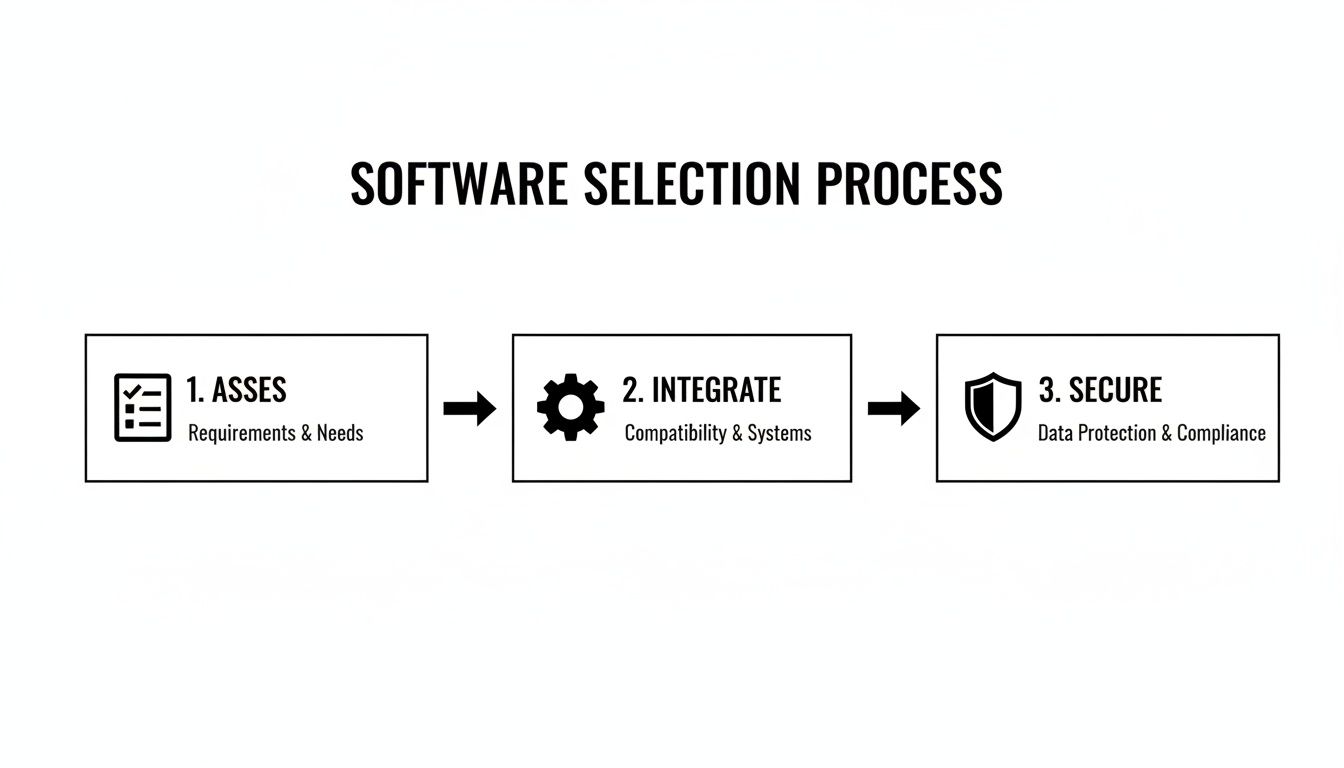 A flowchart outlining the software selection process with three steps: assess, integrate, and secure data.
