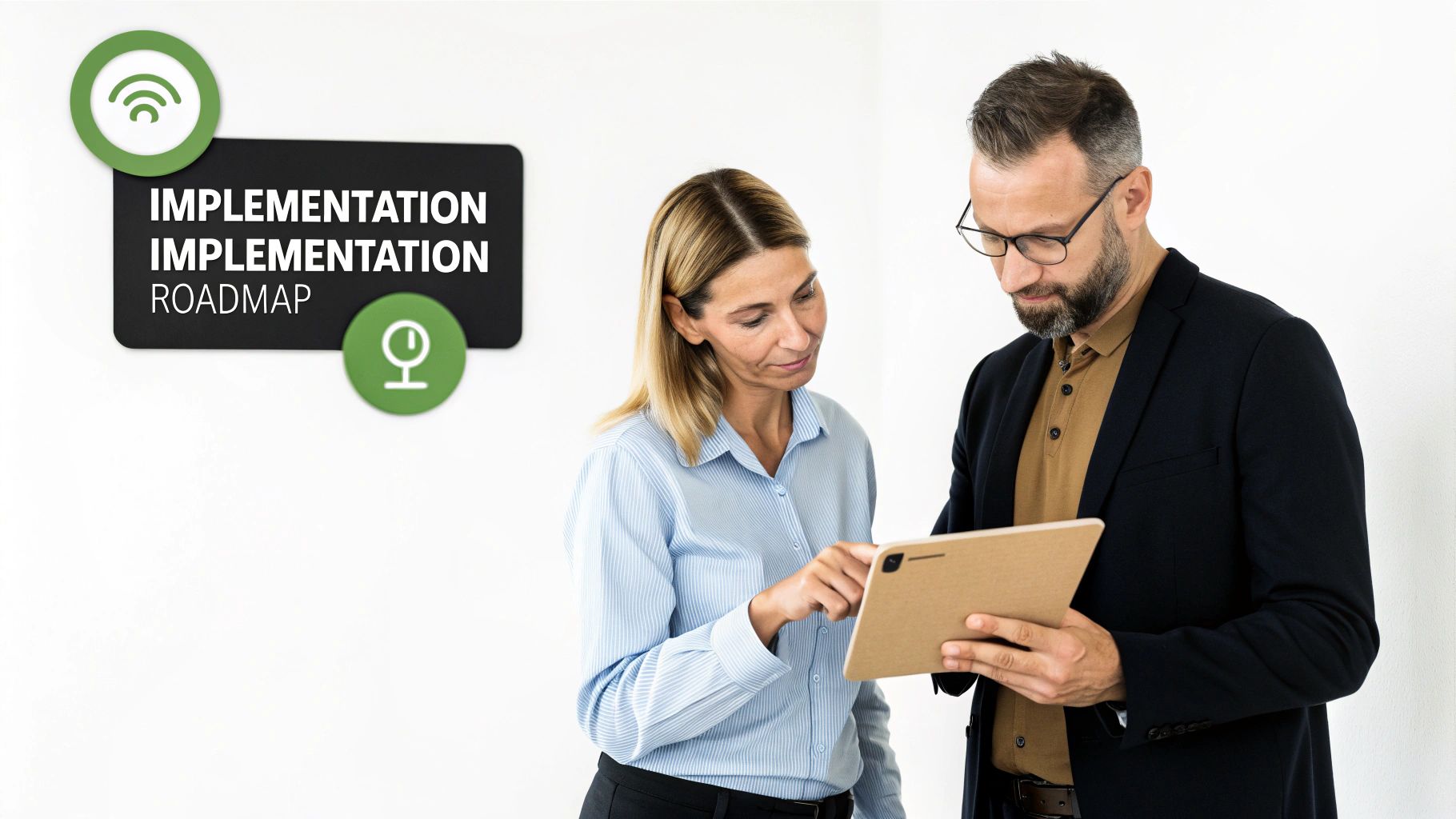 Two business professionals discussing an implementation roadmap on a tablet, with Wi-Fi and time symbols.