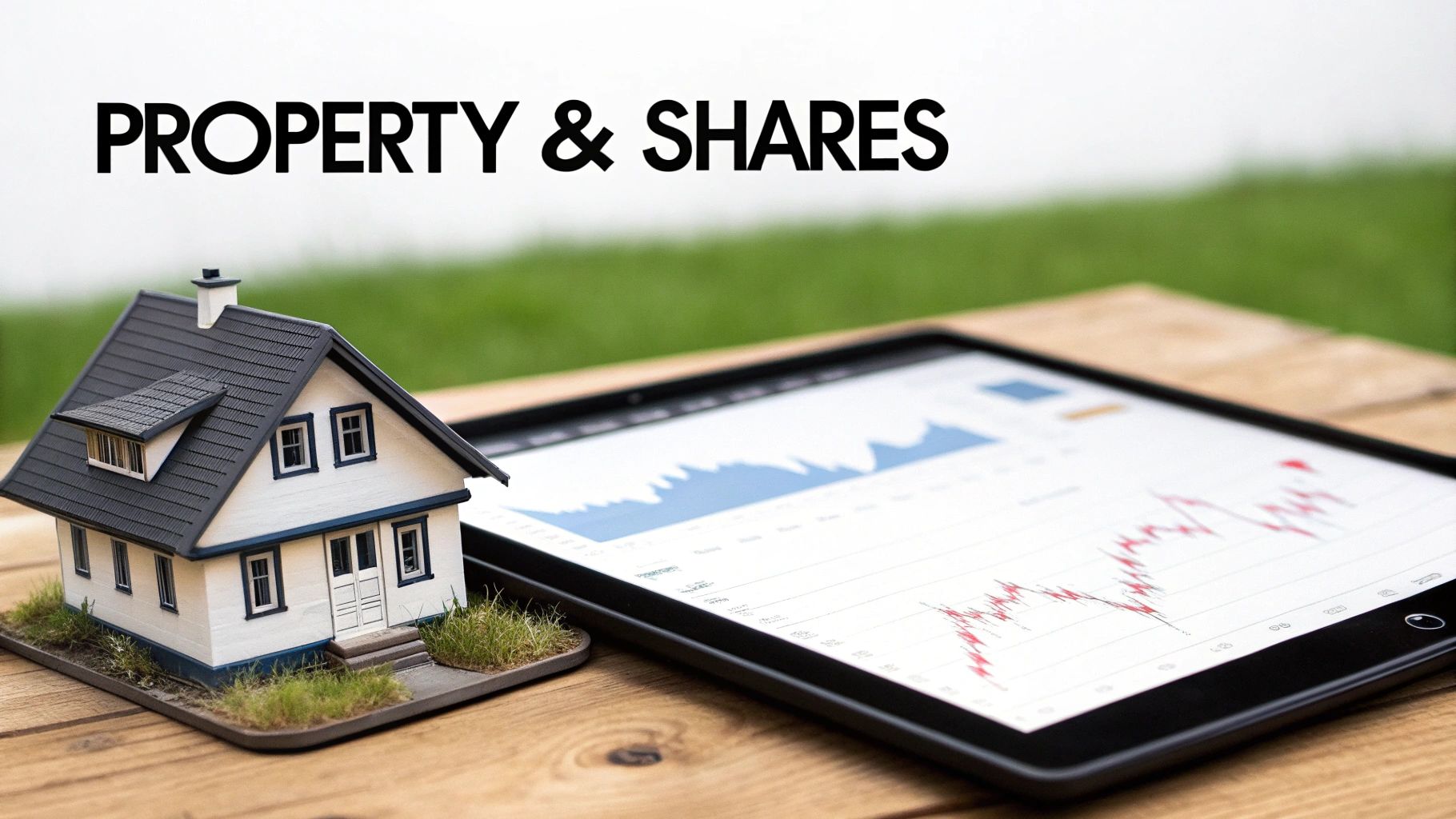 A miniature house and a tablet displaying financial graphs, symbolizing property and share investments.