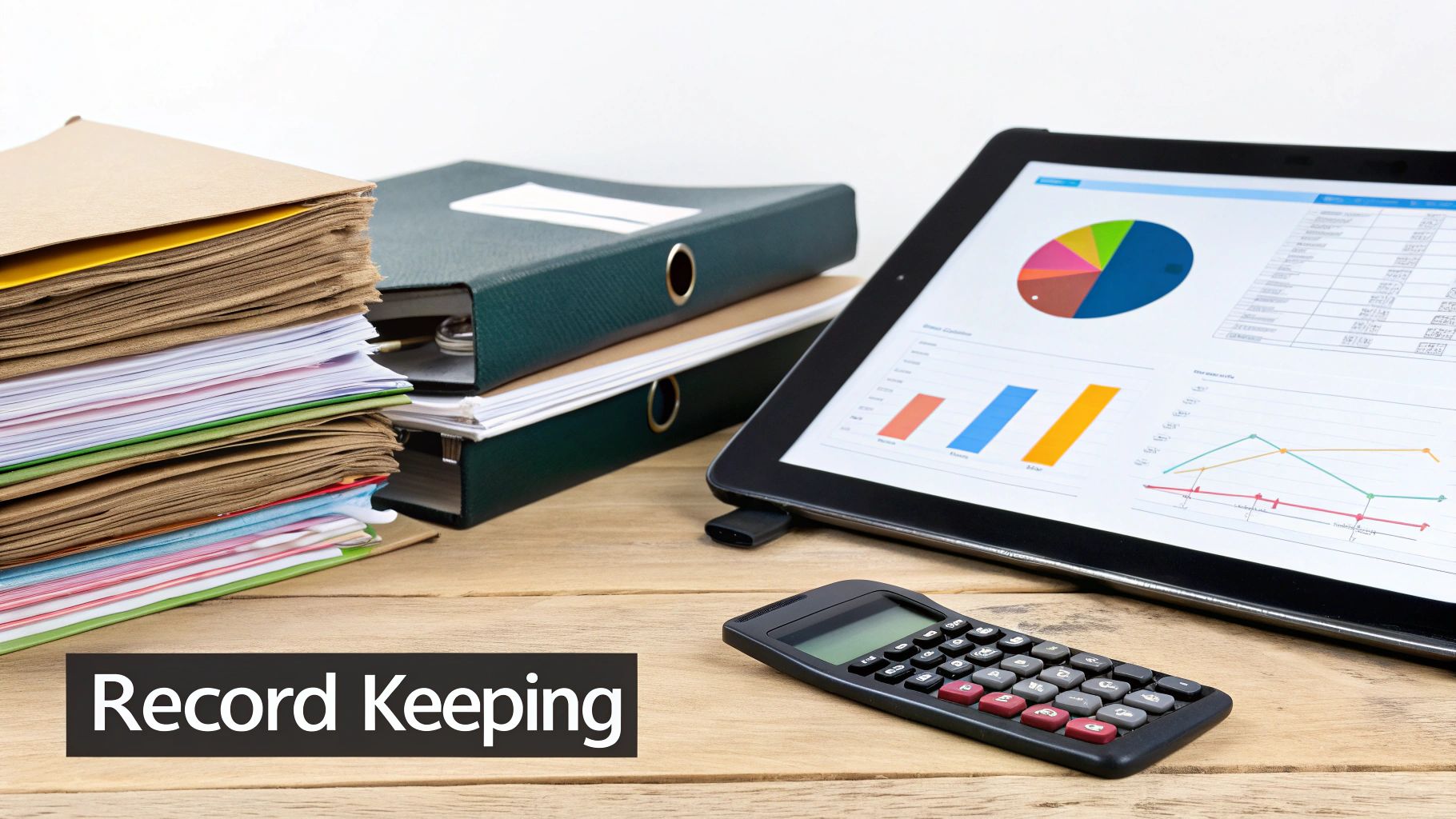 Desk with paper files, binders, a tablet showing charts, and a calculator for financial record keeping.