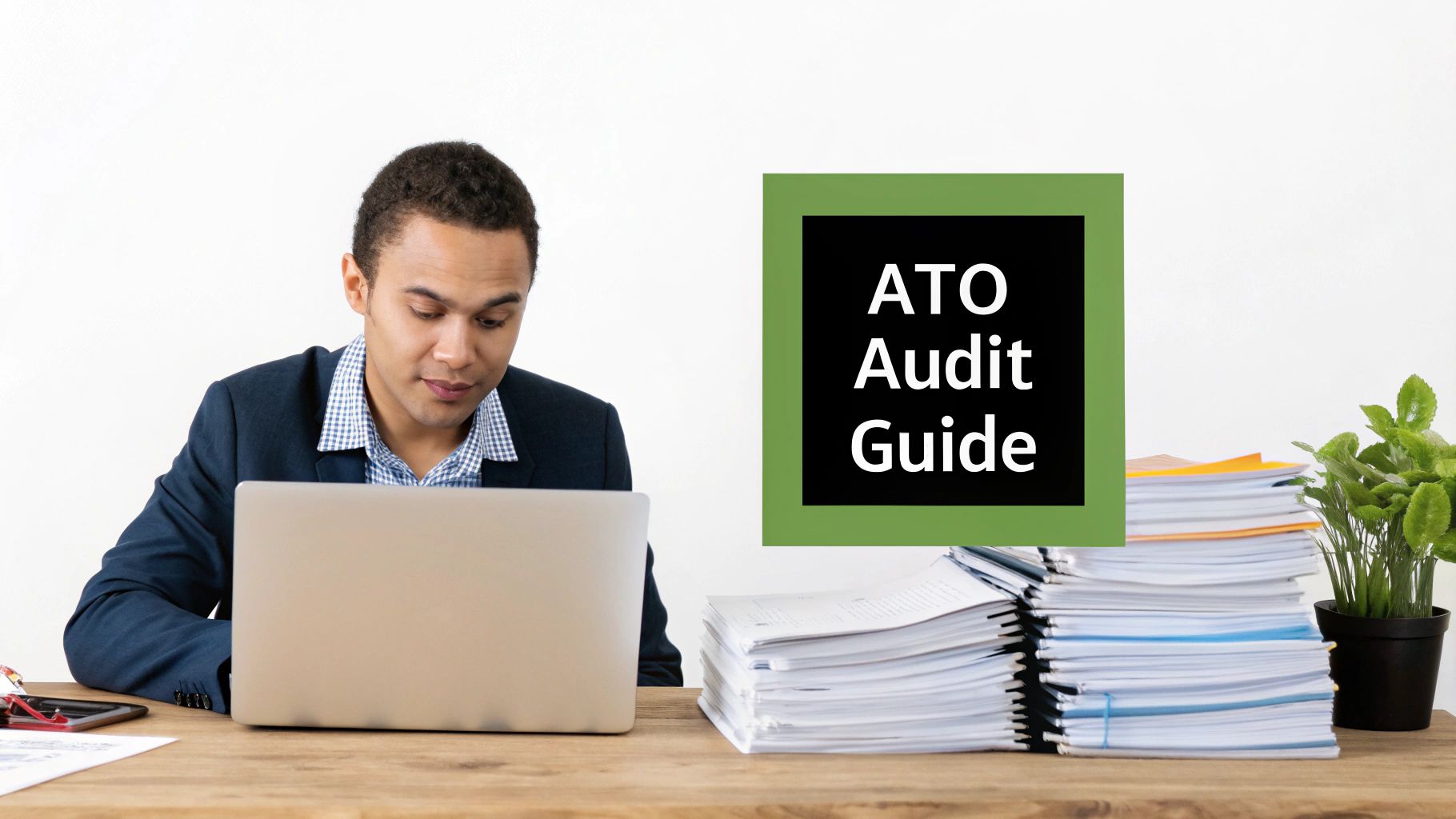 Professional man working on laptop reviewing ATO audit guide documents at organized office desk