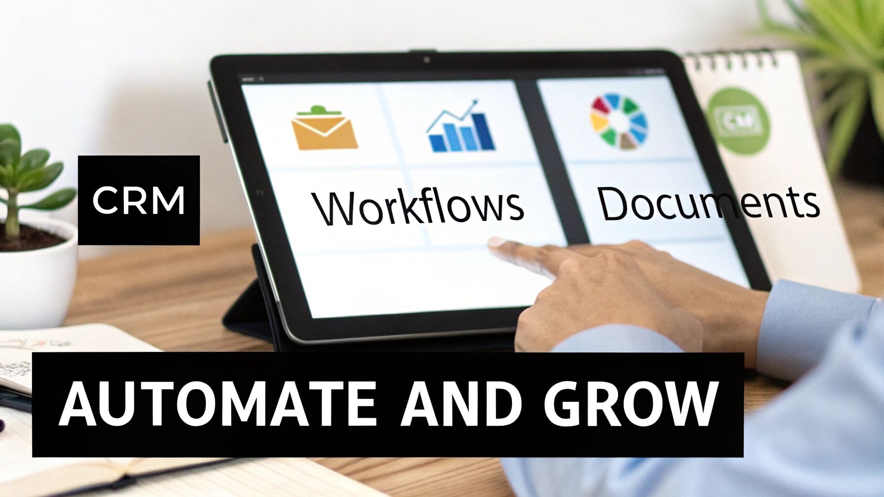 A person interacts with a tablet displaying CRM, workflows, and documents, emphasizing business automation and growth.