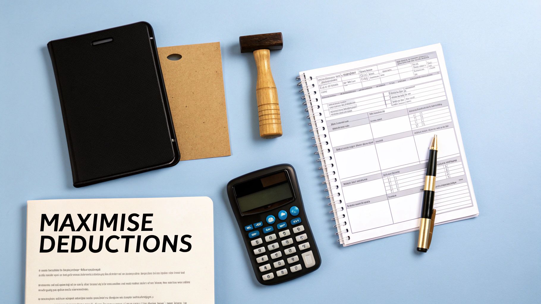 Overhead shot of tax preparation items including a 'MAXIMISE DEDUCTIONS' document, calculator, and gavel.