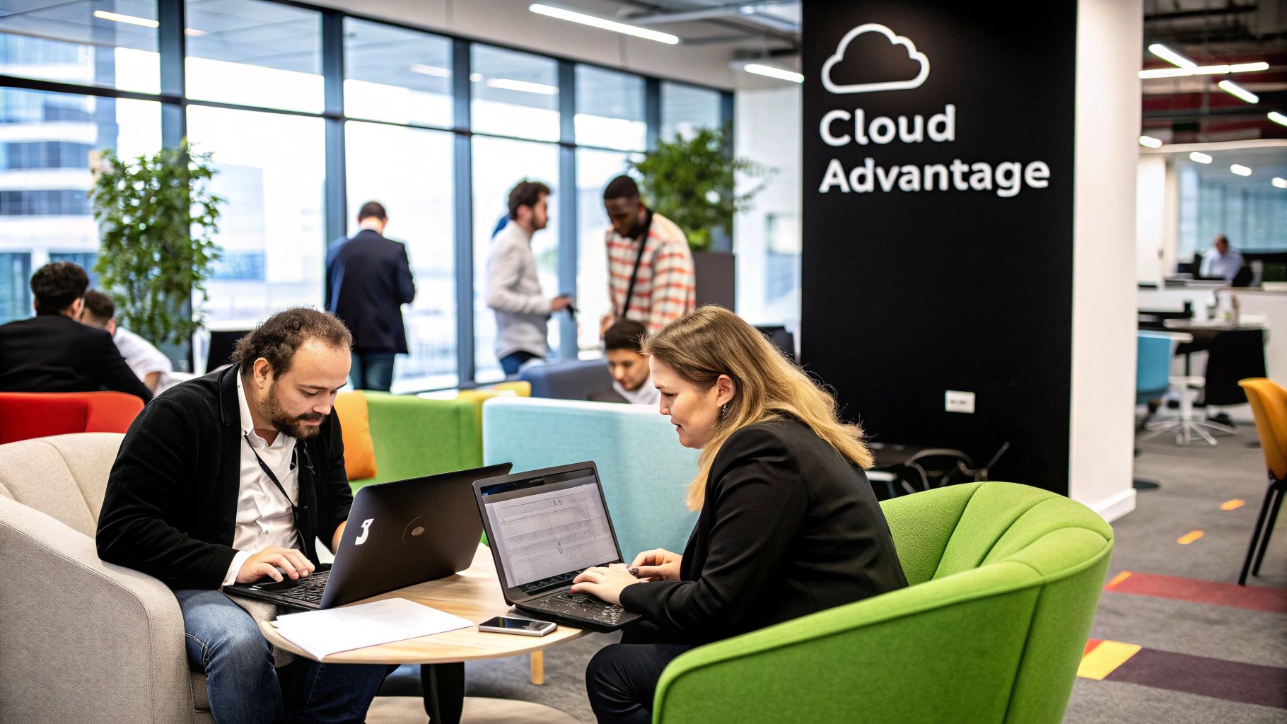 A person working on a laptop with digital cloud icons floating around them, representing cloud computing.