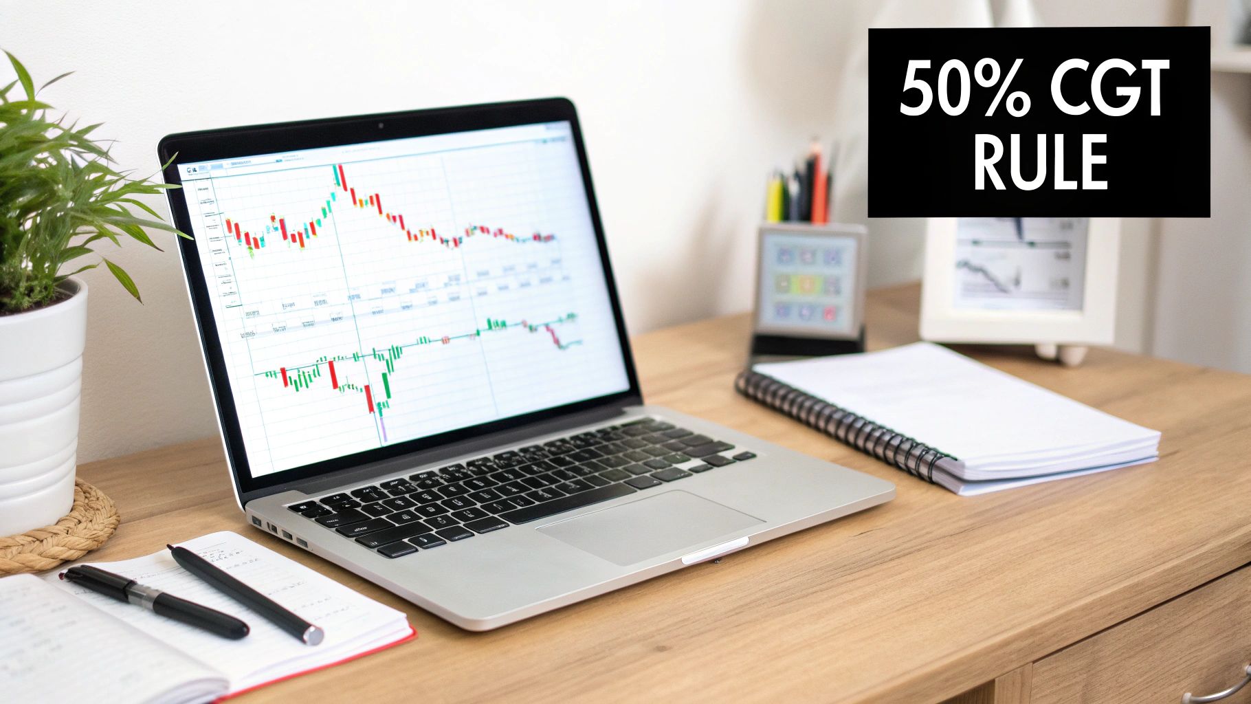 Financial workspace with a laptop showing stock charts and a prominent '50% CGT RULE' banner.