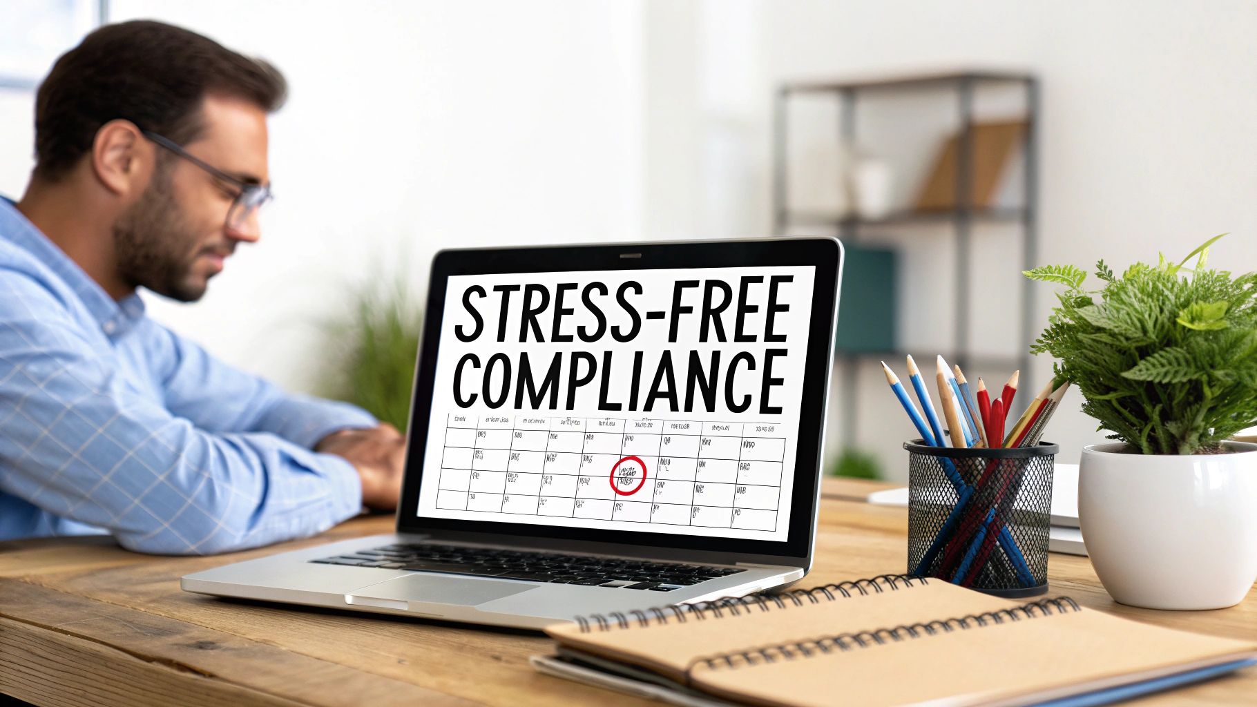 Man in glasses working on a laptop with "Stress-Free Compliance" on the screen, indicating easy regulatory tasks.