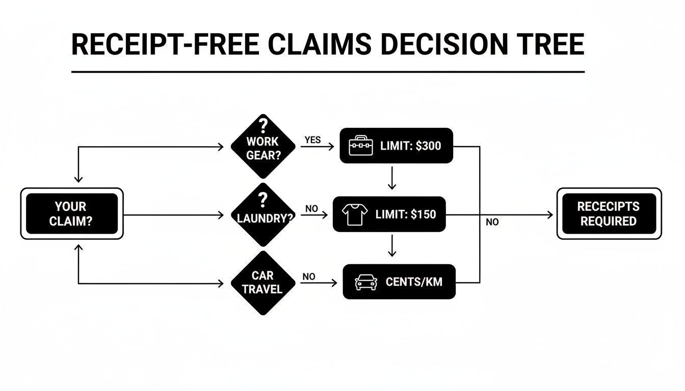 A decision tree flowchart for receipt-free claims, showing limits for work gear, laundry, and car travel.