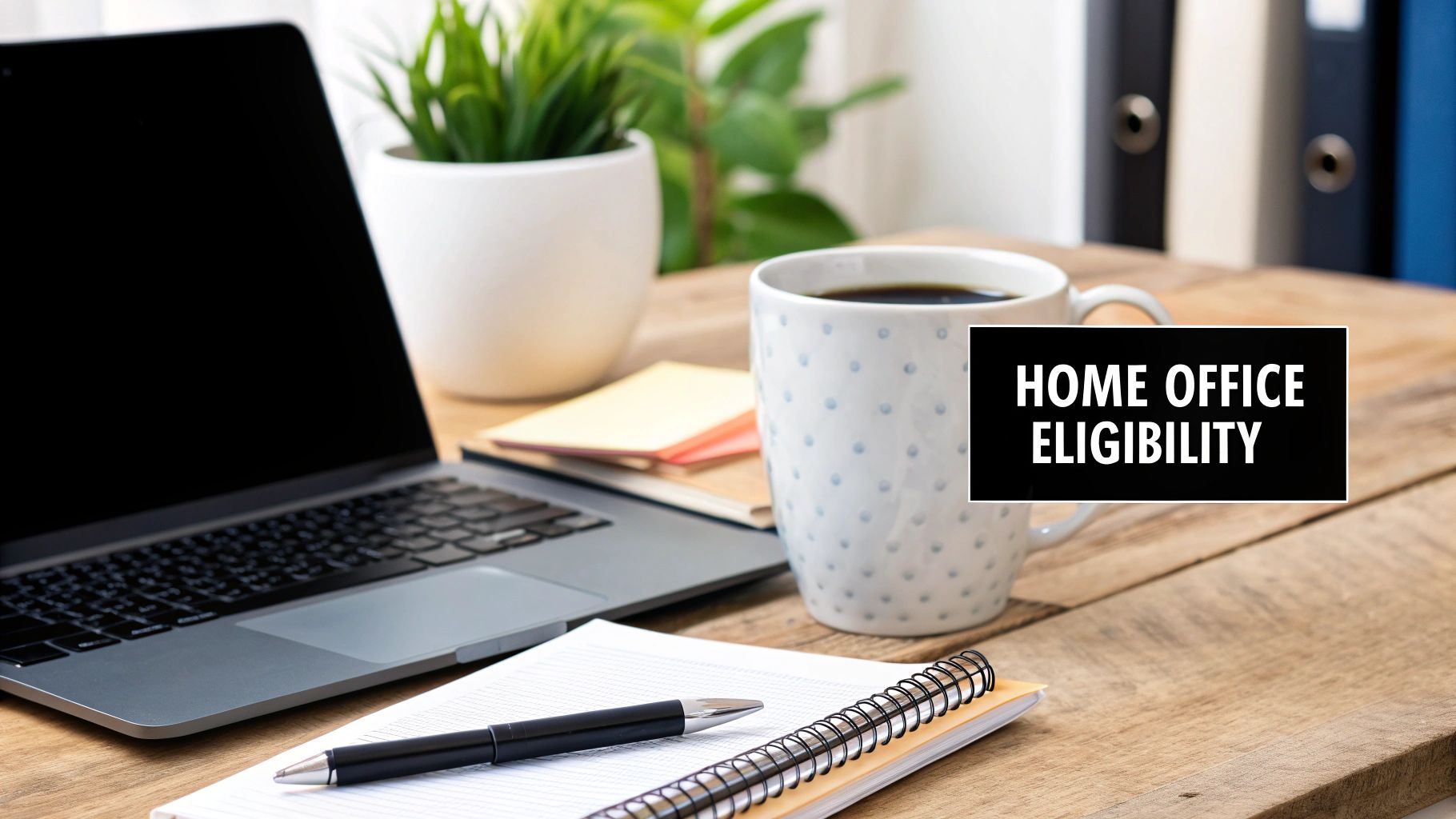 A person sitting at a desk with a laptop and coffee, calculating their work from home deductions.