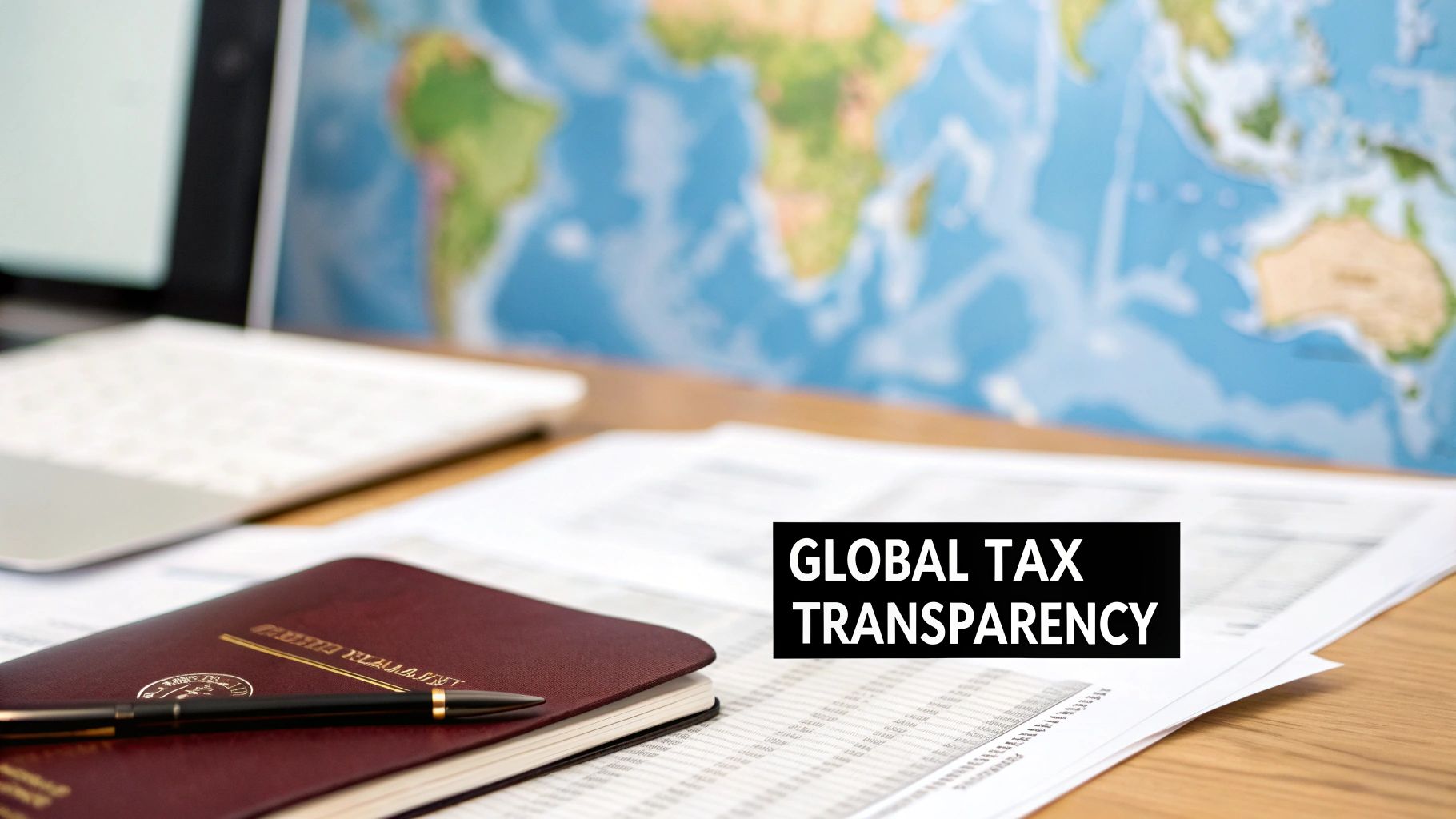 A desk with a world map, laptop, documents, and a notebook, displaying 'GLOBAL TAX TRANSPARENCY'.