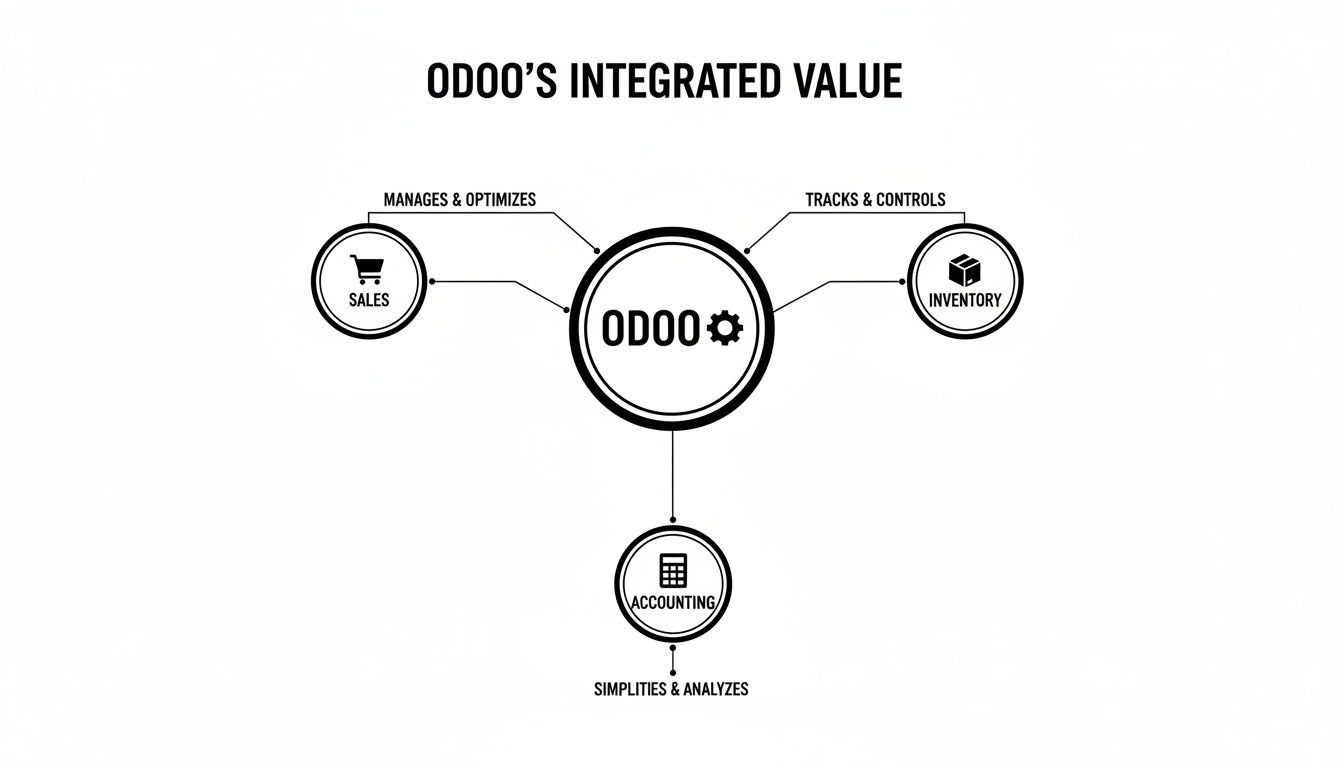 Odoo's integrated value diagram illustrates how it manages sales, tracks inventory, and simplifies accounting.