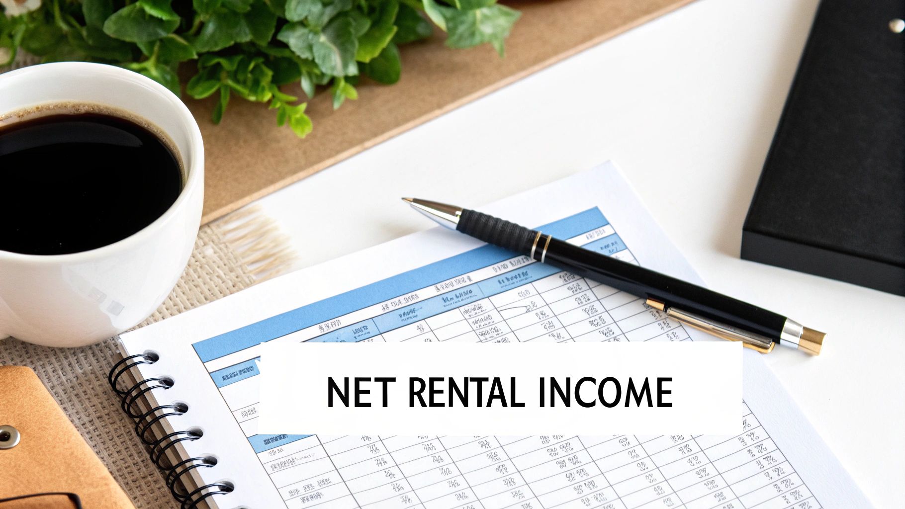 A calculator, pen, and financial documents on a desk, representing the process of calculating rental income.