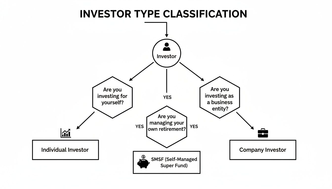 Flowchart illustrating investor type classification into Individual, SMSF, and Company Investors.